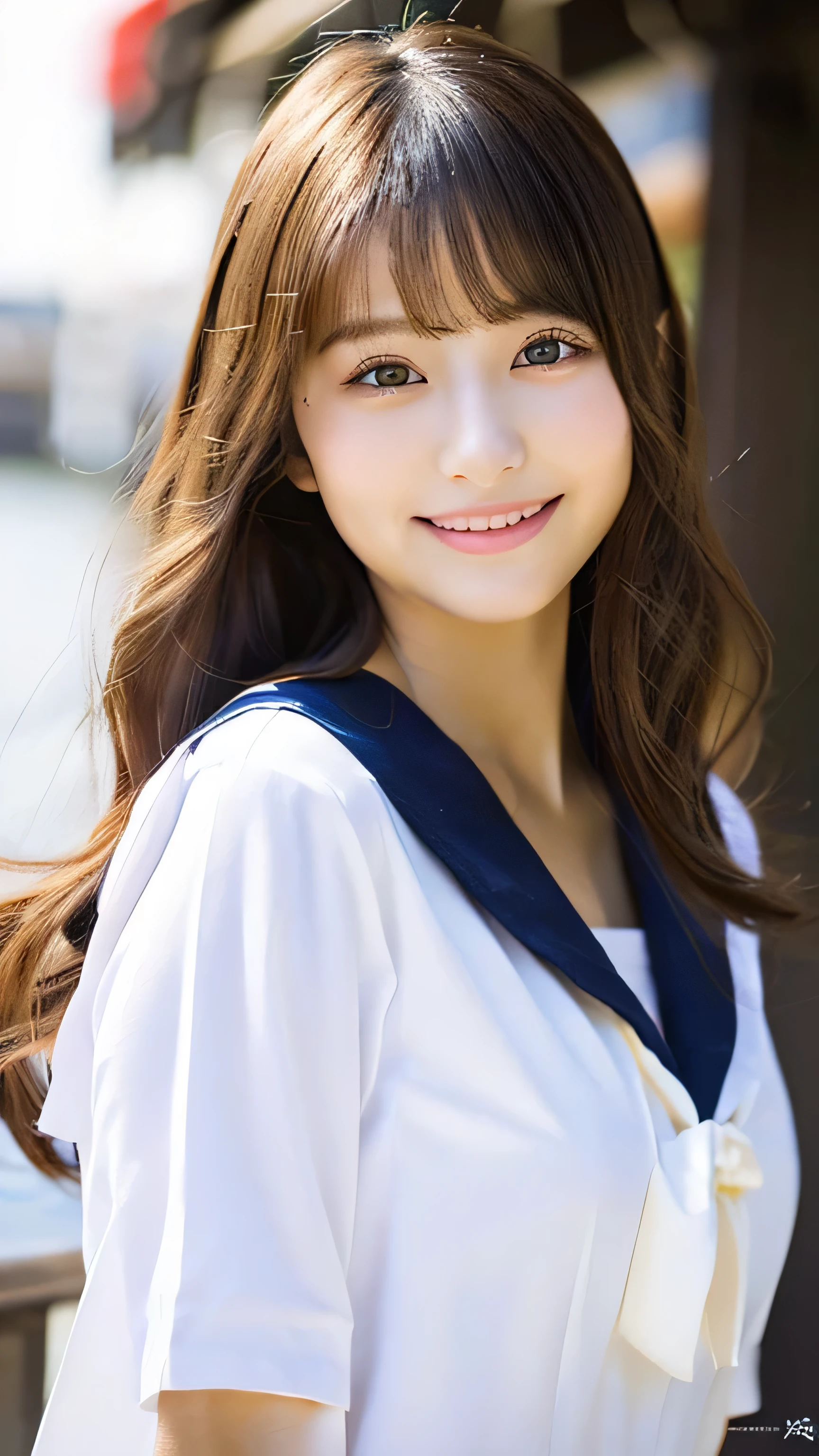 ((highest quality)), ((masterpiece)), (detailed:1.4), 3DRAW, ultra fine photo, ultra high resolution, photorealistic, sunlight, full body portrait, amazingly beautiful,dynamic pose,beautiful japanese girl face、Facial features of Japan、Cute fine face of a girl、Very thin lips、smile、girl in sailor suit、semi-long、facing forward、