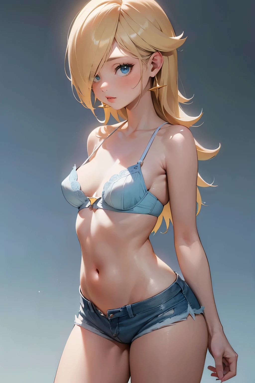 Rosalina, 8K, Raw Photo, Highest Quality, Masterpiece, Realistic, Photoreal, (1 Ultimate Beauty), Highly Detailed Face, Detailed Eyes, Double Eyelid, Eyelashes, Eye Details, Lips, Big Breasts, Pointy Breasts, Micro shorts, very low-waisted shorts (white bra), ((dolphin micro shorts)), cowboy photo, Koen-dori in Tokyo, soft light, ((depth of written limit)) Please proceed with caution,( ( Japanese girl) ), (((thin and slender waist, slender thighs, slender arms))), (((rear view, realistic buttocks, small butt, retrospective diagram)) )