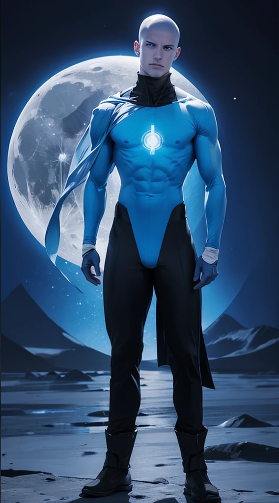 full body photorealistic ulra realism of picture of Zane as Dr. Manhattan. the moon as background