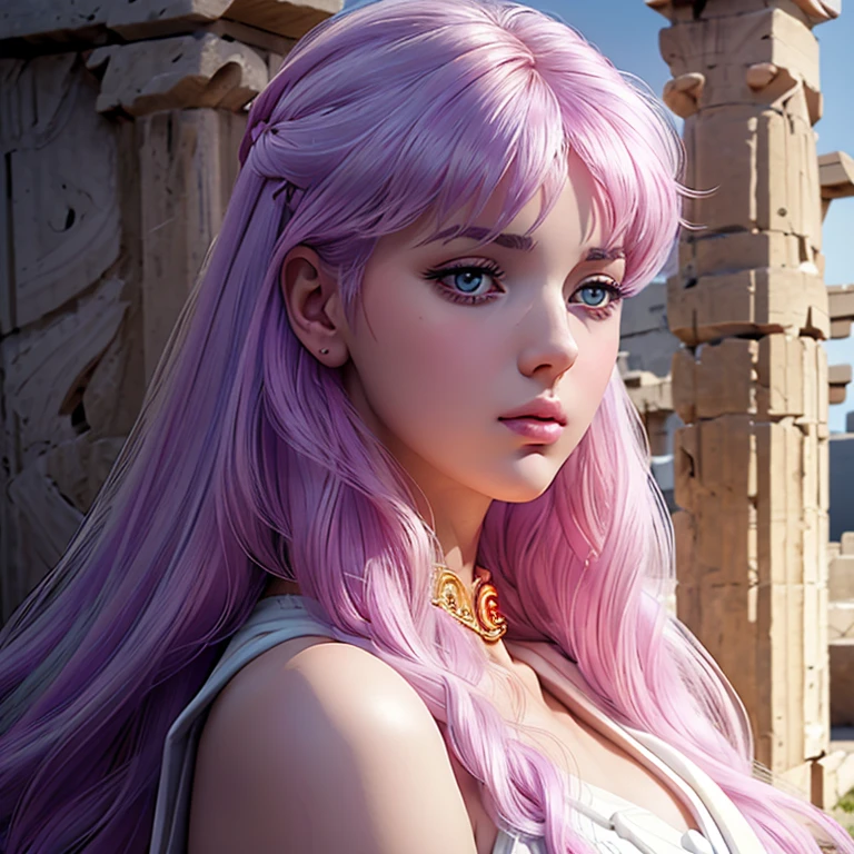 Masterpiece, a beautiful 18 years old hot girl with lilac hair in her palace, long wavy strawberry lilac hair, bangs over the forehead, eyes light grey-blue, (wearing an ancient greek doric tunic, wearing a Strophion, wearing a Peplos, wearing a full set of ancient greek jewelry:1.3), slender hot body, 1girl, purity, pale skin pores texture, ultra high quality, 4k, anime cinematic, ultra quality, natural lighting, depth of field, realistic anime, wrinkled skin, pale skin, sharp, anatomically and proportional full body shot, looking sensually at viewer, noble, chapped lips, soft natural lighting