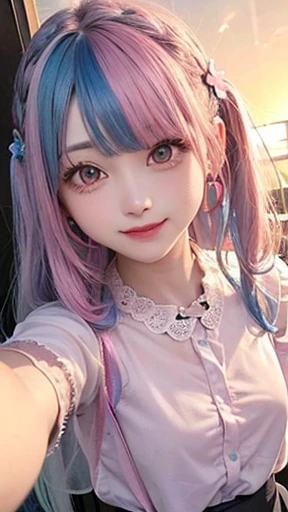 small face、 (alone:1.5,)Super detailed,bright colors, very beautiful detailed anime face and eyes, look straight, shiny_skin,girl, (((rainbow colored hair, colorful hair, Half blue、half pink hair: 1.2))), 、shiny hair, delicate beautiful face, blush、Glasses、(turquoise eyes), , Valletta, earrings,、flower garden、sunset、(((Stylish lace mini skirt,Translucent shirt)))、(twin tails)、smile、happy face、face dyed red、cheerful pose、dynamic、Head to toe full body portrait、(I can see the whole body)