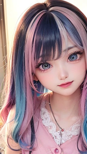 small face、 (alone:1.5,)Super detailed,bright colors, very beautiful detailed anime face and eyes, look straight,  shiny_skin,girl, (((rainbow colored hair, colorful hair, Half blue、half pink hair: 1.2))), 、shiny hair, delicate beautiful face, blush、Glasses、(turquoise eyes), , Valletta, earrings,、flower garden、sunset、(（(Stylish lace mini skirt,Translucent shirt)))、（twin tails）、smile、happy face、face dyed red、cheerful pose、dynamic、Head to toe full body portrait、（I can see the whole body）