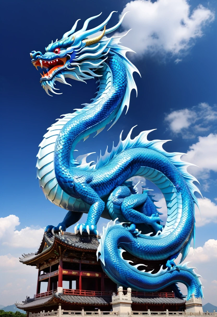 flag、masterpiece、(White Background:1)、Blue Chinese dragon surrounded by white clouds、god々々Hello、Wind、god々、Long undulating body、tooth、Upper body、Fantasy、god話、high quality、Very detailed、masterpiece、amazing、Particle Effects、Dynamic Effects