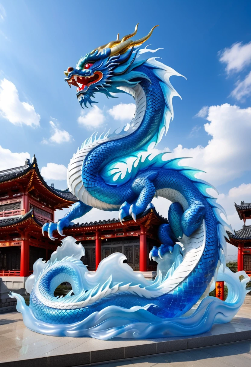 There's a dragon statue made of transparent plastic.., dragon从云中来, 水晶dragon, 光滑的中国dragon, 蓝色中国dragon幻想, dragon shaped cloud, 中国dragon, feng zhu |, dragon在天, Majestic Japanese dragon, Depicted as 3D rendering, dragon, 冰霜dragon, High detail digital art