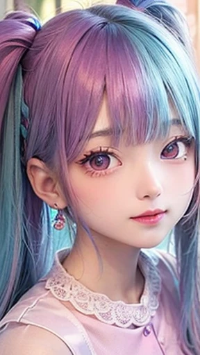 small face、 (alone:1.5,)Super detailed,bright colors, very beautiful detailed anime face and eyes, look straight,  shiny_skin,girl, (((rainbow colored hair, colorful hair, Half blue、half pink hair: 1.2))), 、shiny hair, delicate beautiful face, blush、Glasses、(turquoise eyes), , Valletta, earrings,、flower garden、sunset、(（(Stylish lace mini skirt,Translucent shirt)))、（twin tails）、smile、happy face、face dyed red、cheerful pose、dynamic、Head to toe full body portrait、（I can see the whole body）