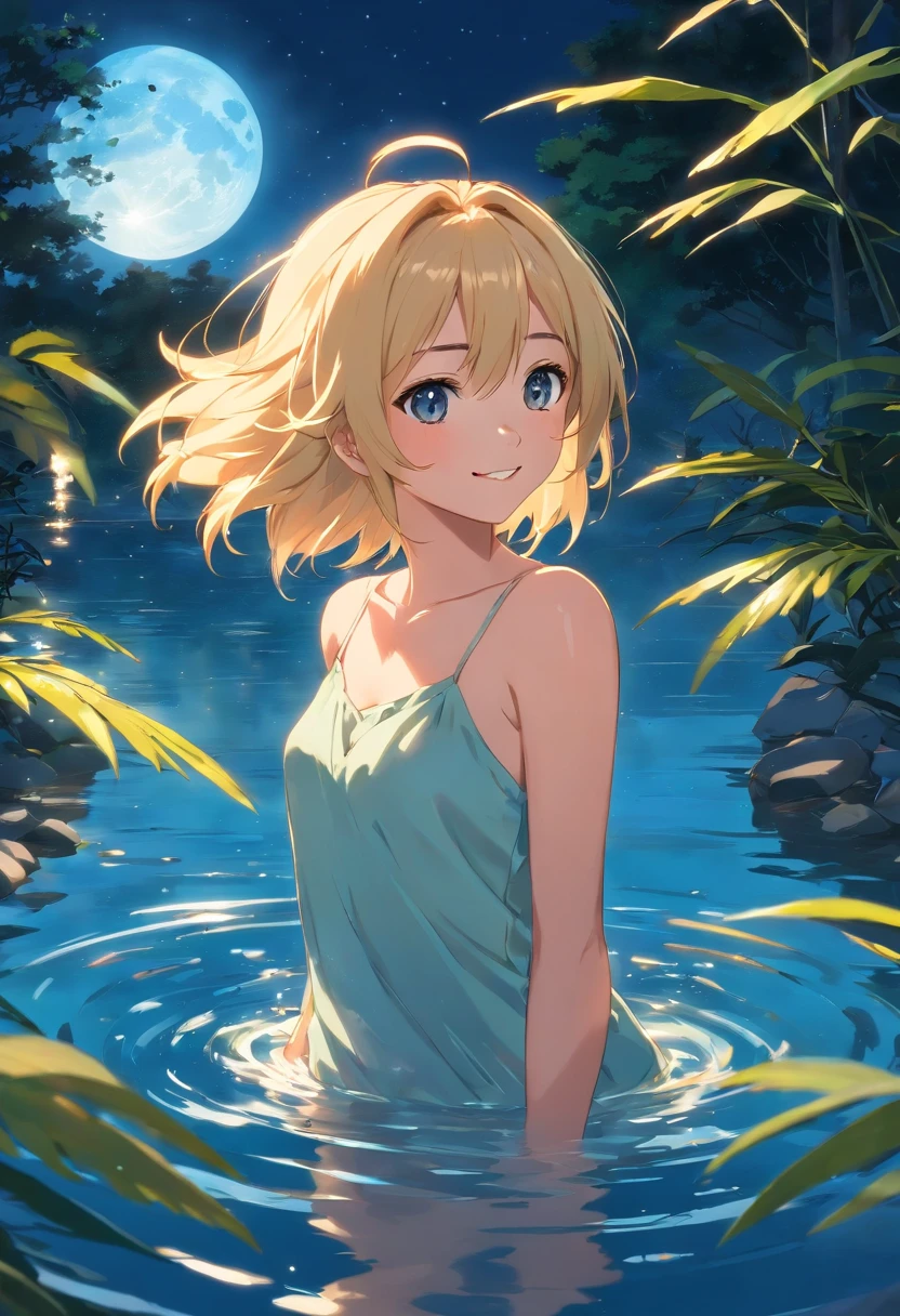 Blonde woman , ojos azules ((pelo corto)) ((cuerpo entero)) de espalda desnuda, bathing in a pond smiling, de noche iluminada con la luz de la luna