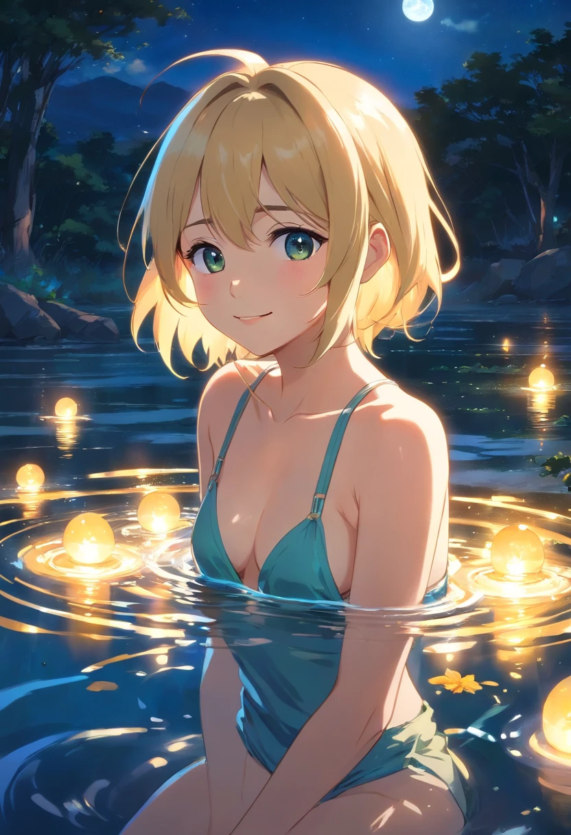 Blonde woman , ojos azules ((pelo corto)) ((cuerpo entero)) de espalda desnuda, bathing in a pond smiling, de noche iluminada con la luz de la luna