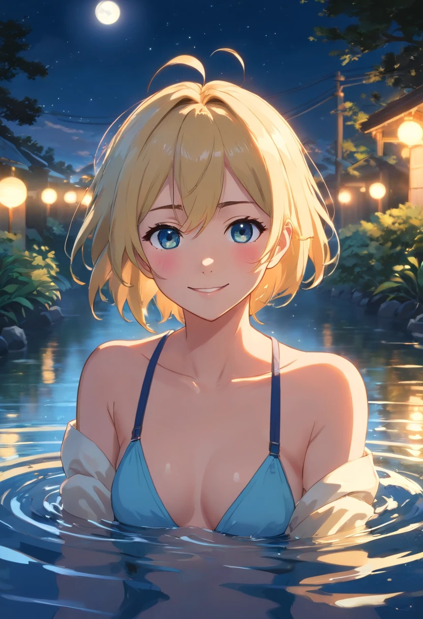 Blonde woman 17 years old, ojos azules ((pelo corto)) ((cuerpo entero)) de espalda desnuda, bathing in a pond smiling, de noche iluminada con la luz de la luna