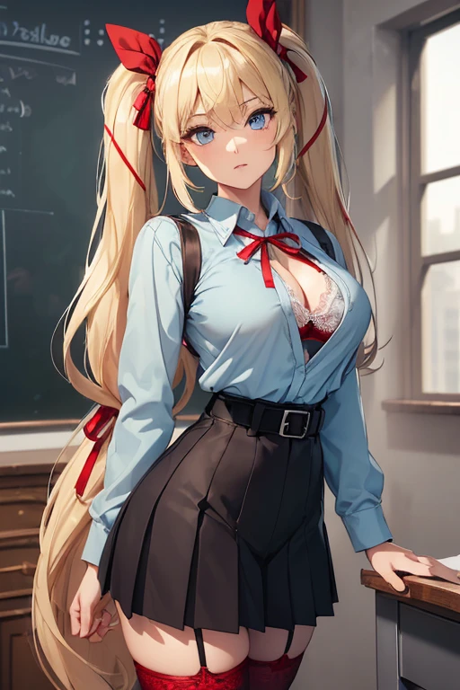 ((masterpiece)), (best quality:1.7), (detailed:1.4), (high res:1.4), 8k, (colorful:1.5), high resolution, sharped image, 4k, hd, (beautiful detailed background:1.2), (beautiful lighting:1.2), (highly detailed:1.2), perfect lighting, (8k wallpaper:1.2), (highly detailed:1.2), (extremely detailed CG:1.2), ((((only blonde long hair two ponytails with a red ribbon)))), (((very large chest))), (((busty))), curvy figure, (((light blue eyes))), (school girl outfit), tight white open shirt unbuttoned all the way down and very short tight black pleated skirt with belt and very tight black stocking leggings), ((bright red lace bra showing under shirt)), mature, older, human adult, short, full body