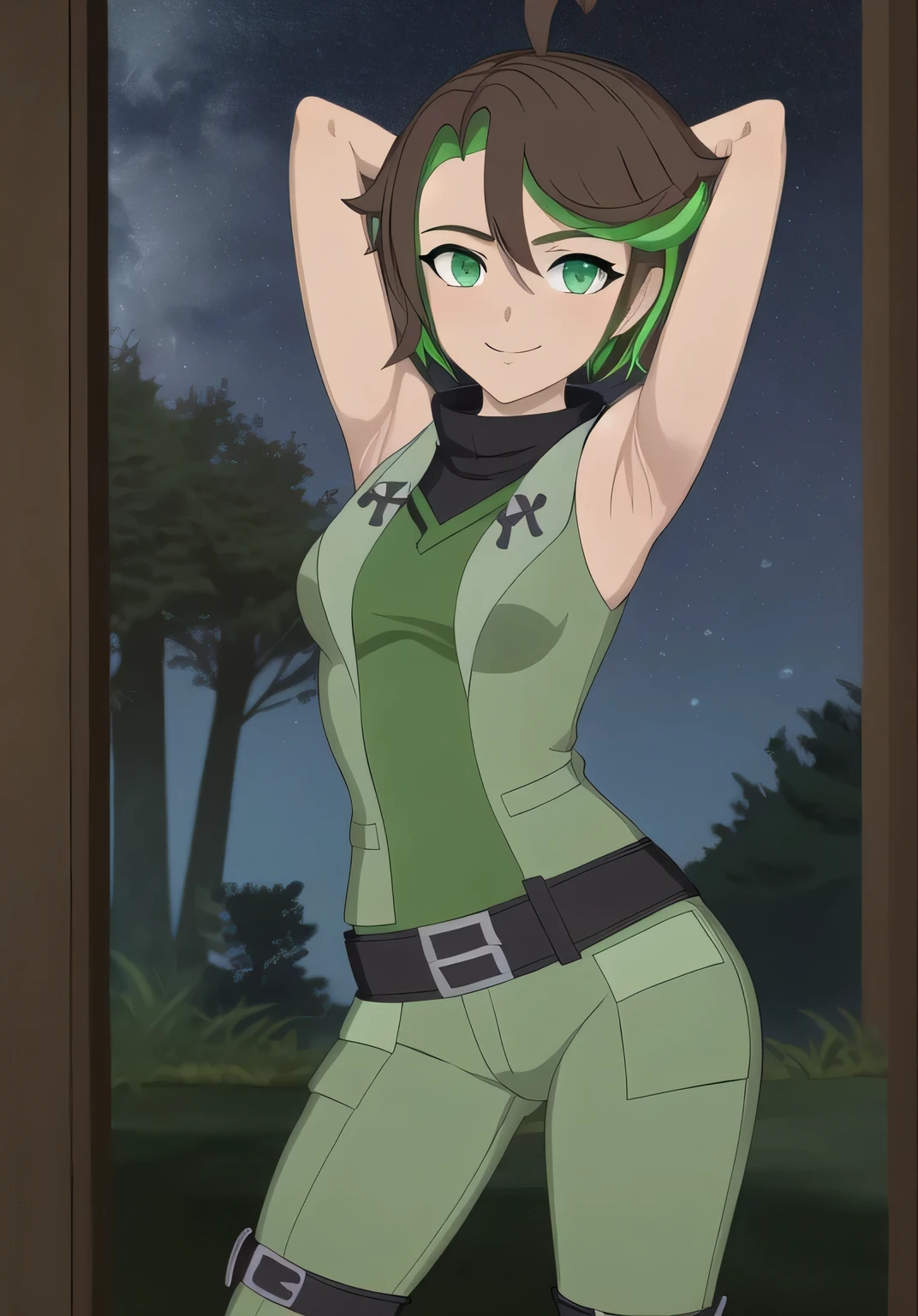 masterpiece, best quality, (Jessica_Cruz_rwby), (green eyes),  (1girl), (green eyes), solo, night sky, forest, arms behind head, contrapposto, spread armpits, closed mouth, looking at viewer, dynamic pose, smile, cowboy shot,