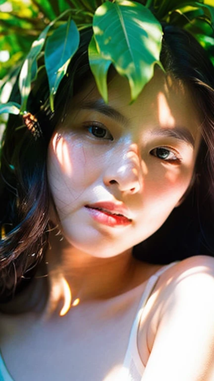 {top-quality}, {{​masterpiece}}, {extremely delicate and beautiful},Outstanding light and shadow, highly detailed wallpaper,Clear and bright sunlight,1girl in,no clothes、gaze looking beyond,red blush,Strong sunshine,delicate and messy hair,realistic skin textures, Pronounced pores and skin wrinkles,tropical rainforest,((strong light shines on the face)), full body shot, naked portrait, nude photography, detailed armpit, pussy pubic hair, shiny nipple,  coffee shop