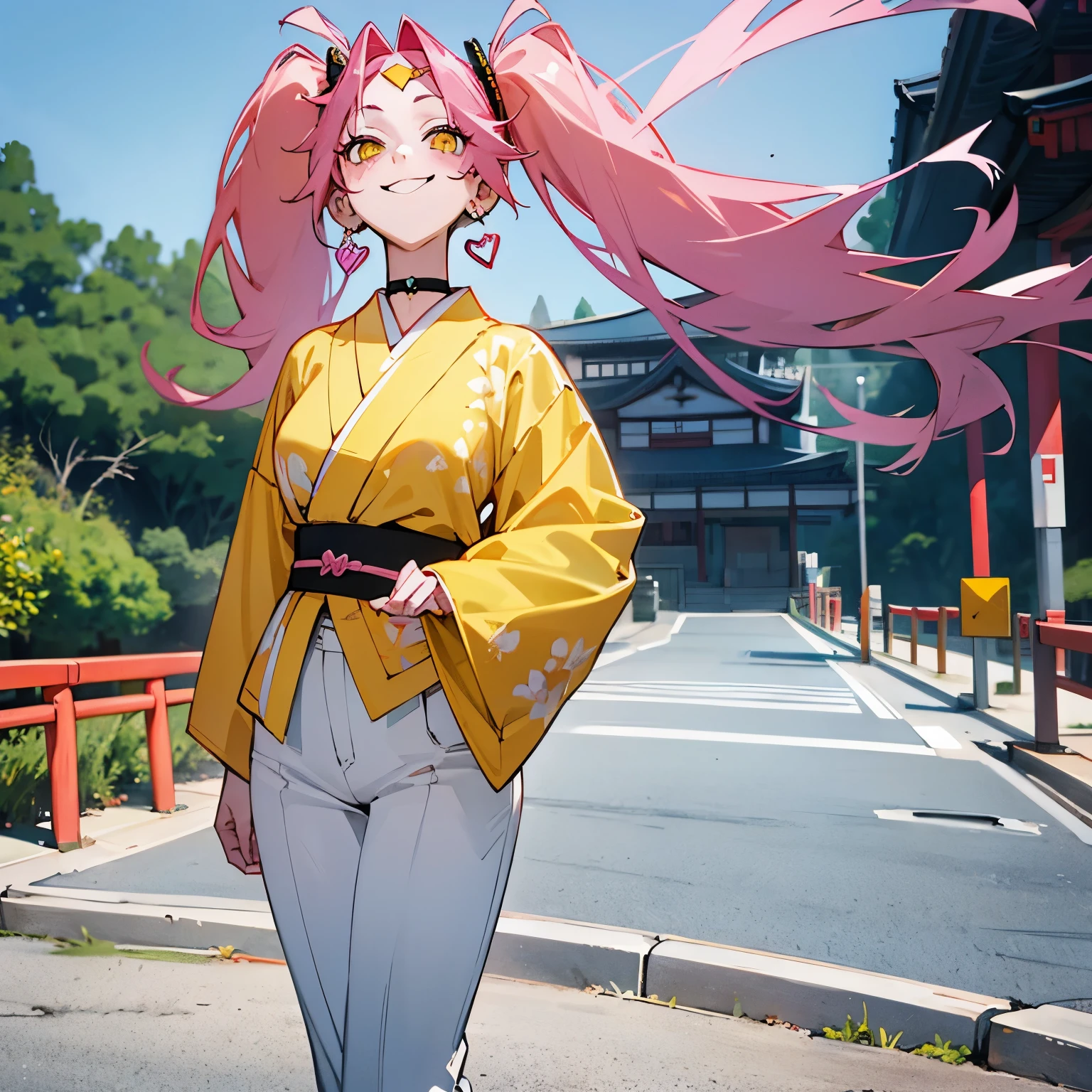 1 girl twintails hair, long hair, pink hair, yellow eyes anime, medium breasts, medium ass, Hairpins, Choker, big smile, happy face, Standin, Japanese , looking at the scenery, a hand on the forehead watching the scenery, wind, mouth open surprised and happy, long heart-shaped earrings, ultra detailed, 8K wallpaper, Houses and road in the background 