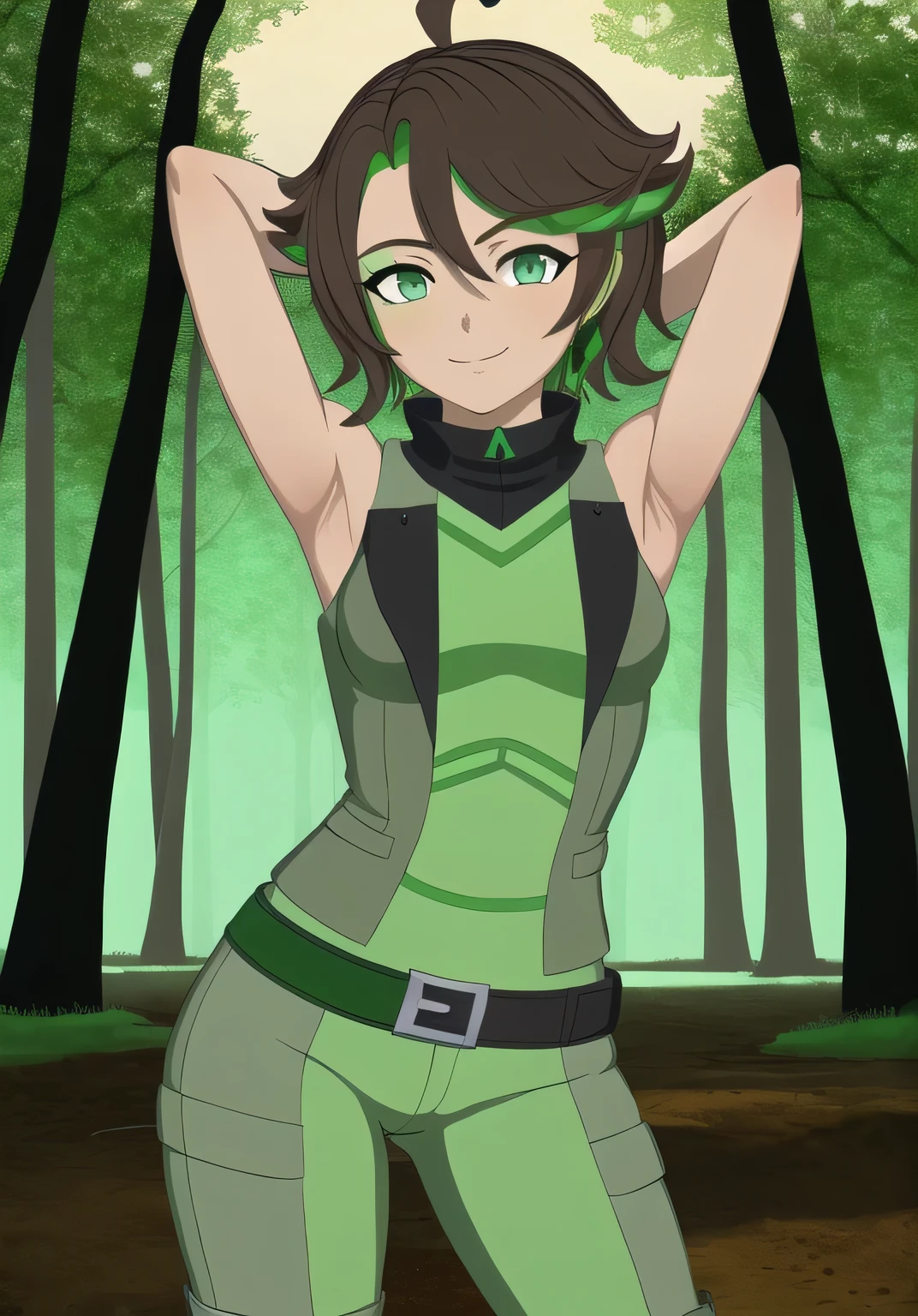 masterpiece, best quality, (Jessica_Cruz_rwby), (green eyes),  (1girl), (green eyes), solo, night sky, forest, arms behind head, contrapposto, spread armpits, closed mouth, looking at viewer, dynamic pose, smile, cowboy shot,