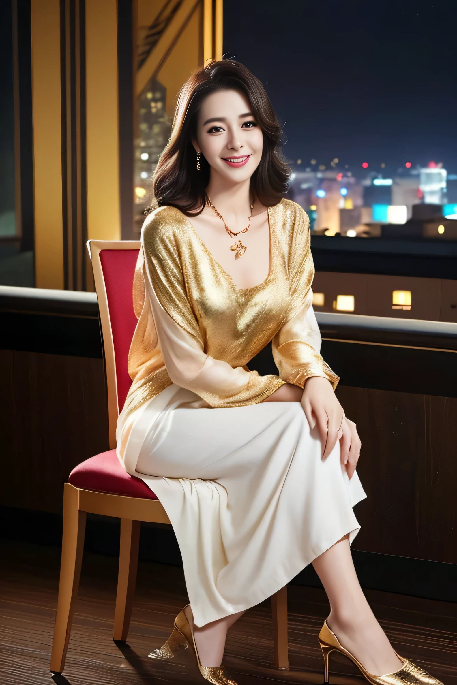 ((best image quality、8K、masterpiece:1.3))、1 girl、smile、Full body Esbian、slim face、cute woman、(dark brown hair)、super detailed face、fine eyes、double eyelid、blurred background、slim face、in the hustle and bustle of the city＿Super long brown hair、big breasts、full body shot、((sitting on a chair, night view terrace background:1.3)),Hair with loose waves on the inside、Wearing a satin blouse, ultra-thin fabric、smooth、See-through fabric:1.3、gold necklace＿Larger earrings、((shy smile:1.3)),full body shot、Standing gracefully,
