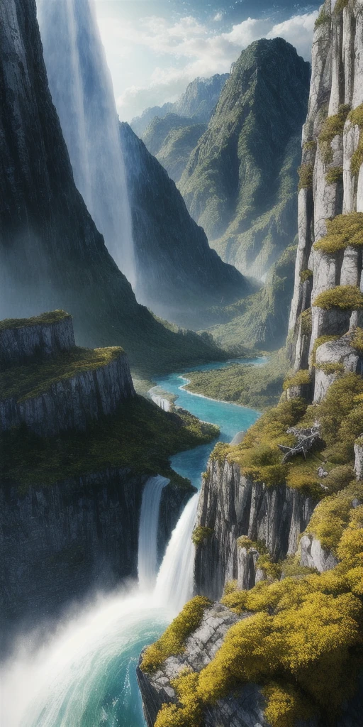 masterpiece, best quality, high quality, Extremely detailed CG unified 8k wallpaper, landscape, outdoor, Sky, cloud, Sky, no humans, Mountain, landscape, water, Tree, blue Sky, waterfall, cliff, nature, lake, river , cloudy skies, Award-winning photography, Bokeh, depth of field, high dynamic range, bloom, Color difference, photorealism, Very detailed, Popular topics on ArtStation, Trending on CGSociety, complex, high detail, dramatic, midway art
