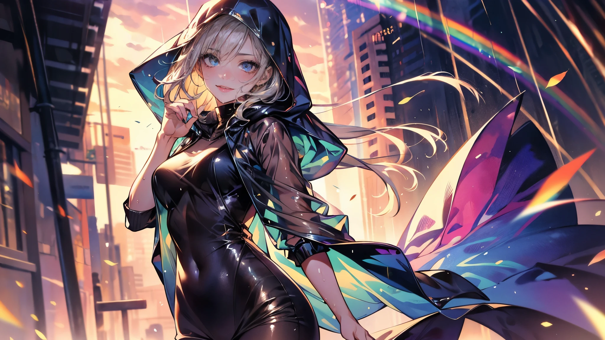 ​(Best quality, 8K, Masterpiece:1.3, 1 girl, solo, Beautiful girl), cute, Dynamism, Detailed face, Detailed skin, detailed clothes, Detailed eyes, Detailed lips, Detailed tongue, Detailed fingers, Detailed mouth, Photorealistic, Raw photo, highres, hight resolution, Natural lighting, dynamic pose, perfect anatomy, toned legs, double eyelids, tear bags, round eyes, moist lips, sweaty, ecstatic face, (see-through clear clothes), see-through clear shirt, see-through clear Raincoat, plastic raincoat, hood up, hooded raincoat, looking at viewer, detailed pupil, (rainbow pupil), smile, sheer, sheer wet, outdoor, after rain, sky, art, watercolor background, wavy long hair, clothes lift