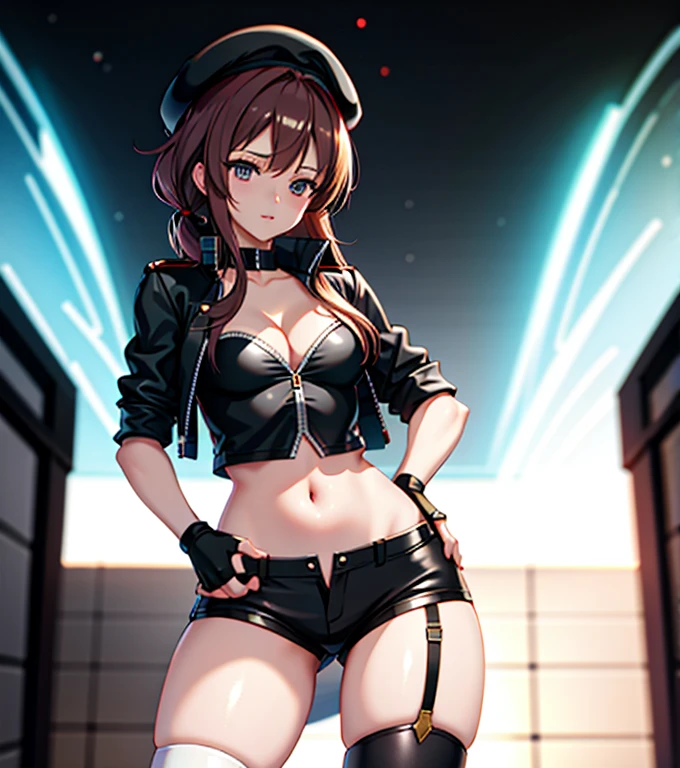 ubel,dark green hair,long hair,side ponytail,hair between eyes,bangs, BREAK (beret, black jacket, open clothes, cleavage, midriff, black shorts, black thighhighs, thigh strap, fingerless gloves, single glove:1.2) BREAK blurry background, BREAK pose, hand on hip, BREAK (masterpiece:1.2), best quality, high resolution, unity 8k wallpaper, (illustration:0.8), (beautiful detailed eyes:1.6), extremely detailed face, perfect lighting, extremely detailed CG, (perfect hands, perfect anatomy),