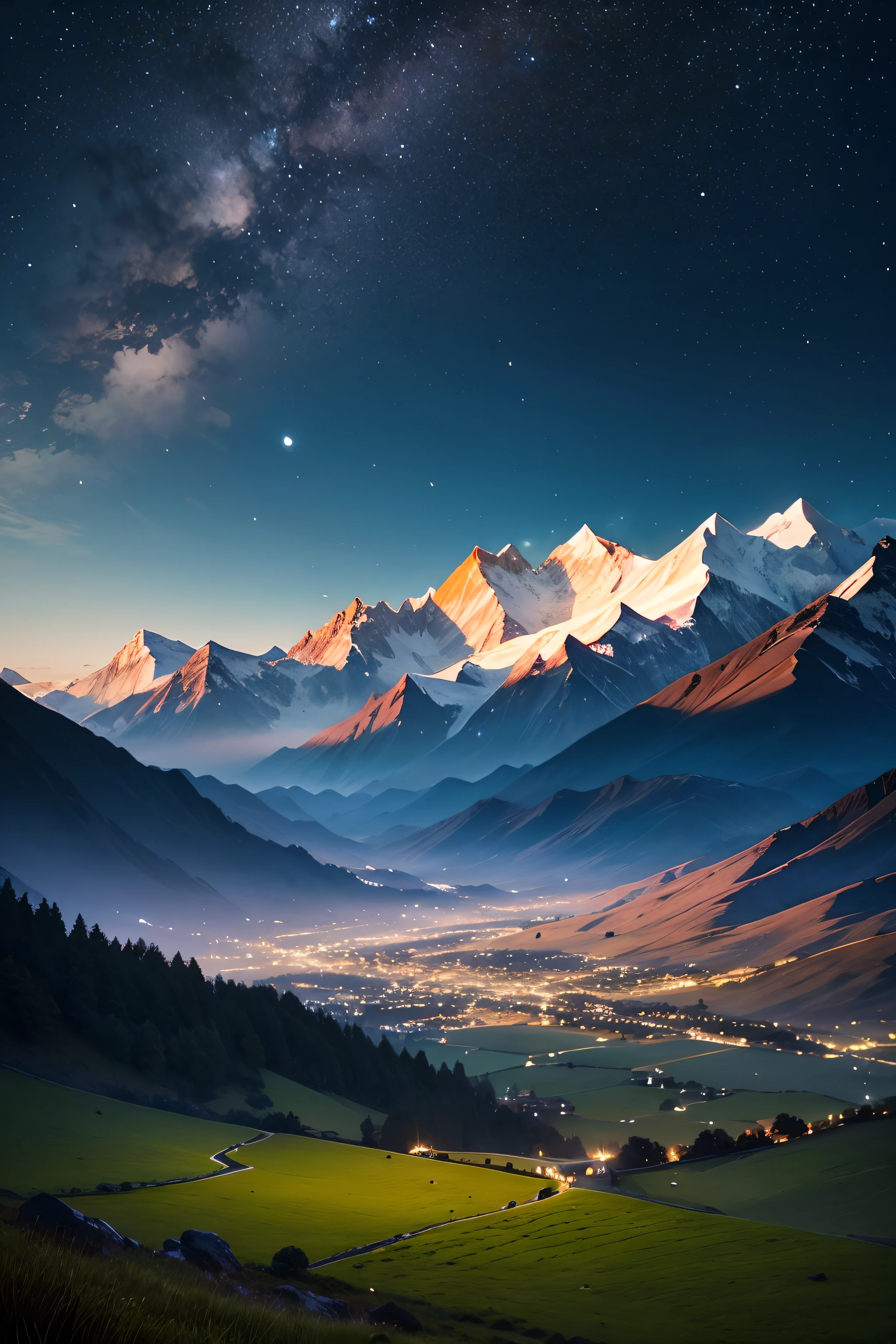 Moonlit meadow、The Himalayas in the background、The sky is full of stars