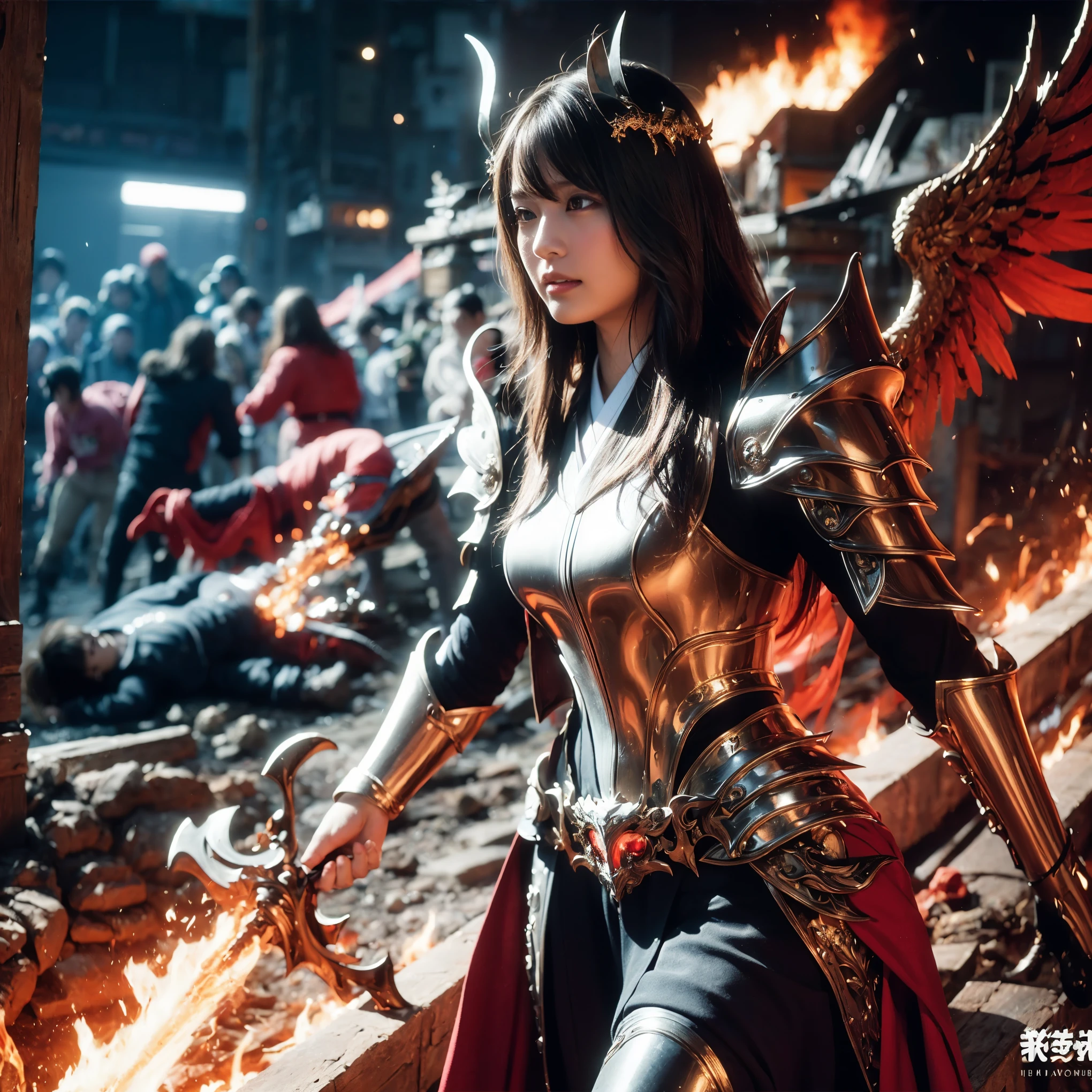 (((Realistic, masterpiece, best quality, crisp detail, high definition, high detail, very rich detail, sharp focus, sharp detail, colorful, rich color, perfect studio lightning))), ((20 years old, six armed japanese goddess of fire, kasumi arimura)) in the molten lava flood, wearing (((beautiful decorated golden heavy armor, phoenix armor, phoenix pinions, decorated full body armor, fully armored beautiful kimono, wide phoenix fire wings, blue aura))), (flying, floating, offensive stance, hands of fire, fire swords, blood scattered face, blood tears, blood bath, blood shed), (((blood, death, japan bakumatsu period, dead bodies, burned japanese castle, catastrophe, exploding volcano, meteor shower, molten lava, flood)) background), shot from below