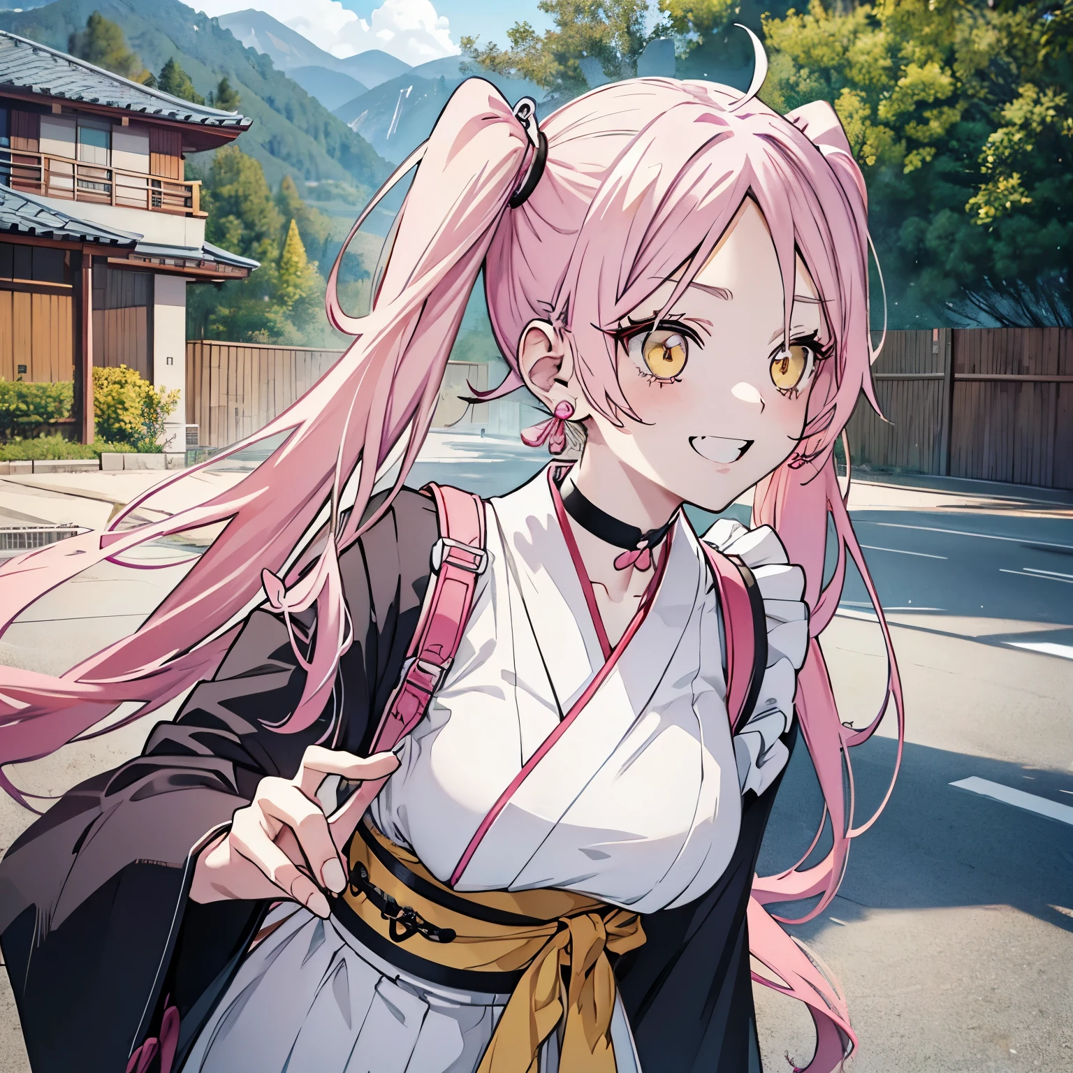 1 girl twintails hair, long hair, pink hair, yellow eyes anime, medium breasts, medium ass, Hairpins, Choker, big smile, happy face, Standin, Japanese , looking at the scenery, a hand on the forehead watching the scenery, wind, mouth open surprised and happy, long heart-shaped earrings, ultra detailed, 8K wallpaper, Houses and road in the background 