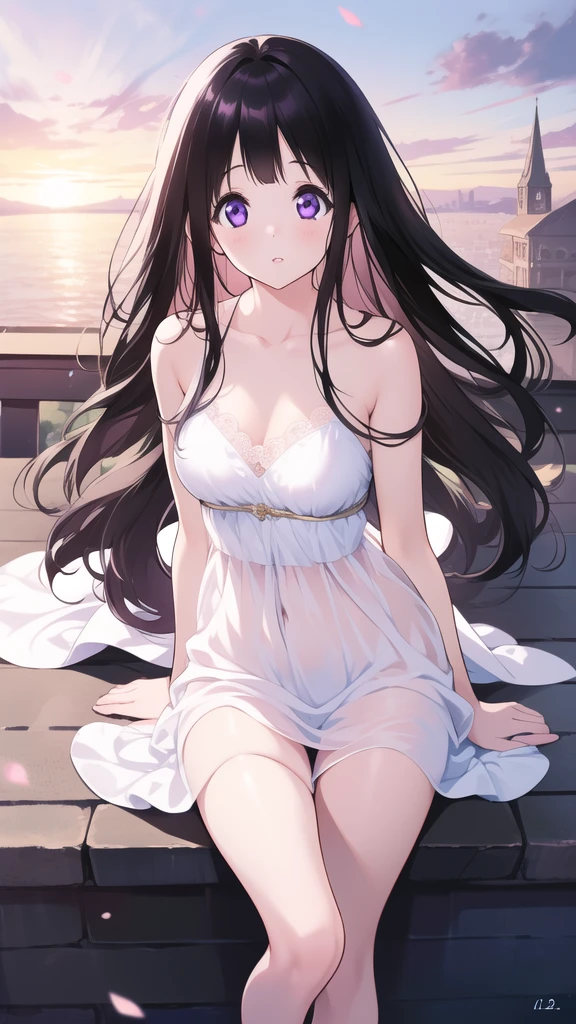 Stunning Chitanda, There is only one beautiful girl,purple eyes, black hair, Naturally straight hair, straight bangs,extremely refined,lips open,flowing long hair,Peerless beautiful girl, dreamlike,Slim,soft, (Sensual), (kawaii), Dream quality,white dress,On the rooftop,bare shoulders,Clavicle exposed,bare neck,Bare thighs,Exposing the groin,camel toe,bare legs,barefoot,extremely shy,ultra high resolution, (masterpiece:1.2, best quality), (Exquisite and beautiful eyes: 1.2), (Beautiful and delicate face)