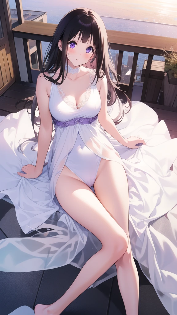 Stunning Chitanda, There is only one beautiful girl,purple eyes, black hair, Naturally straight hair, straight bangs,extremely refined,lips open,flowing long hair,Peerless beautiful girl, dreamlike,Slim,soft, (Sensual), (kawaii), Dream quality,white dress,On the rooftop,bare shoulders,Clavicle exposed,bare neck,Bare thighs,Exposing the groin,camel toe,bare legs,barefoot,extremely shy,ultra high resolution, (masterpiece:1.2, best quality), (Exquisite and beautiful eyes: 1.2), (Beautiful and delicate face)