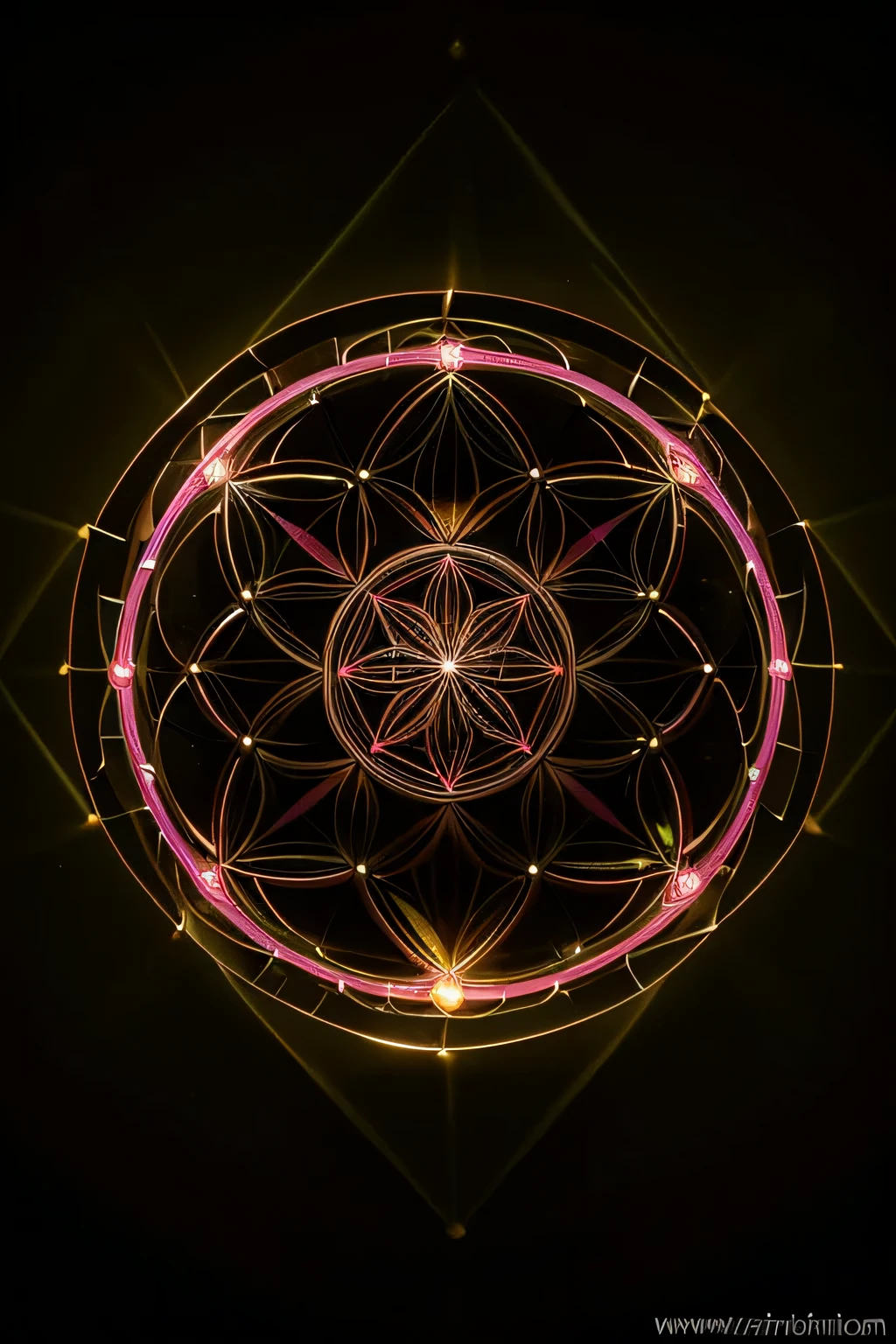 There is a sacred geometry of the flower of life with perfect lines glowing in the dark, luminescent spherical shape, The Pattern of the Sacred Geometry of the Flower of Life;, Translucent balls of light, Bright circles form the geometry of the flower of life, A colorful magical flower of life, bright neon lines, uma flor da vida brilhante