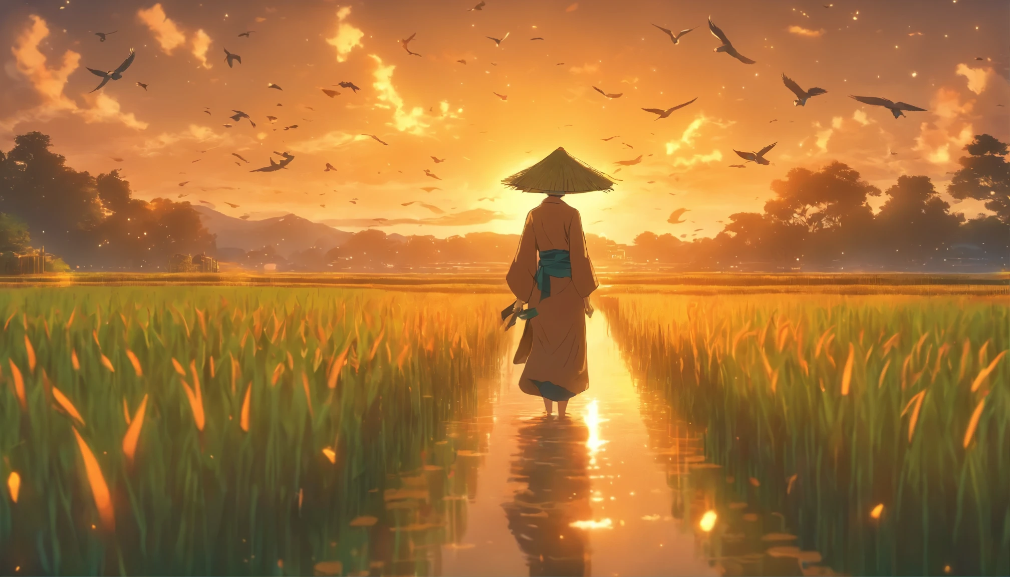 (Thrilling, actual, bright colors, 8K),Rice fields and sunset, golden hour lights, Tall and lush green rice, The reflection of the sky sparkles on the water, The breeze gently sways the plants, distant mountains in the background, peaceful atmosphere, peace and tranquility, The atmosphere is slightly hazy, Soft and warm sunshine, Farmer wearing traditional hat, Bent over working in the fields, graceful movements, The sound of rustling leaves, A flock of birds flying across the sky, create a sense of harmony