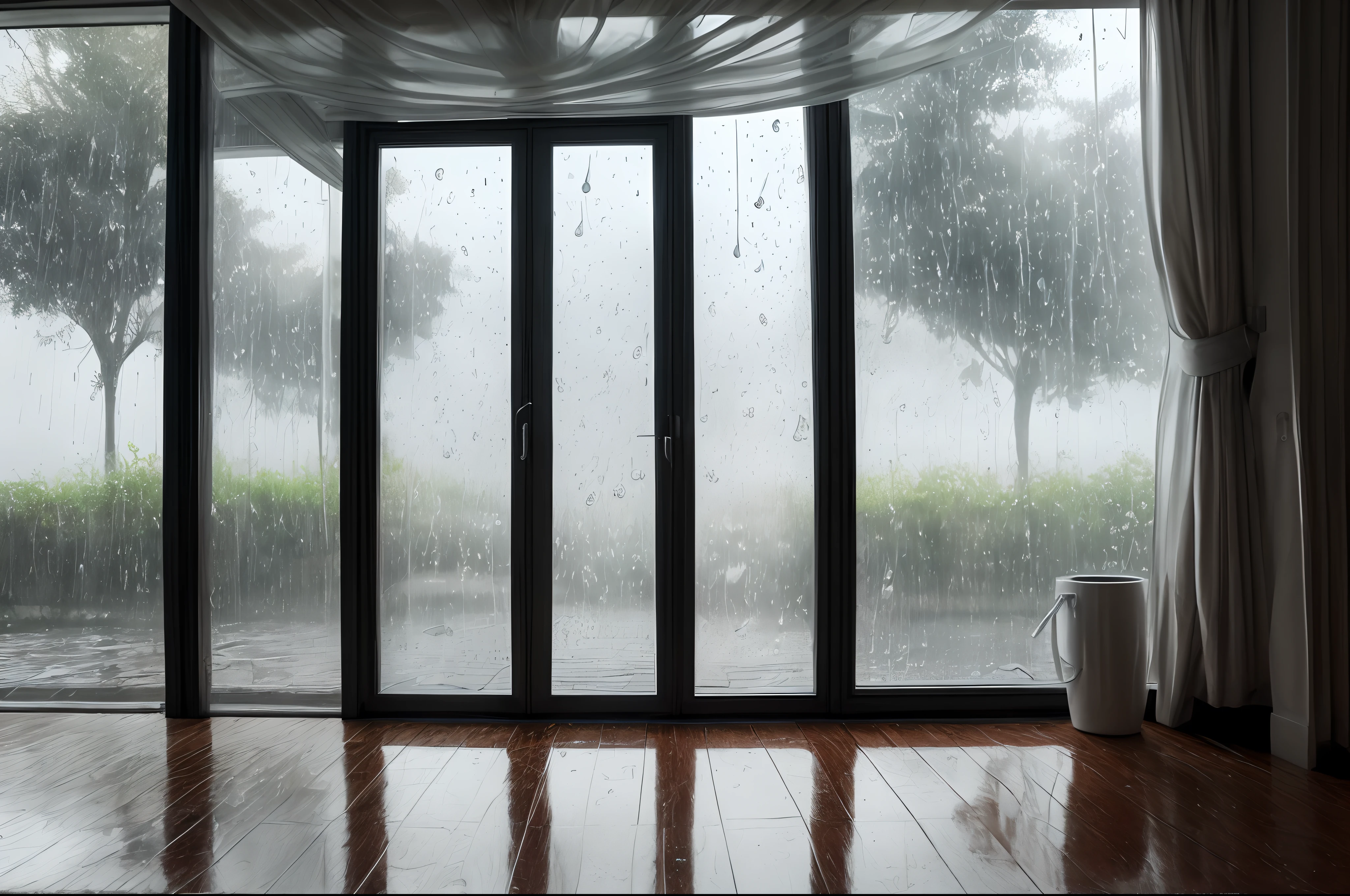 A room with a nostalgic atmosphere　It's raining outside　Drops of water on the window glass