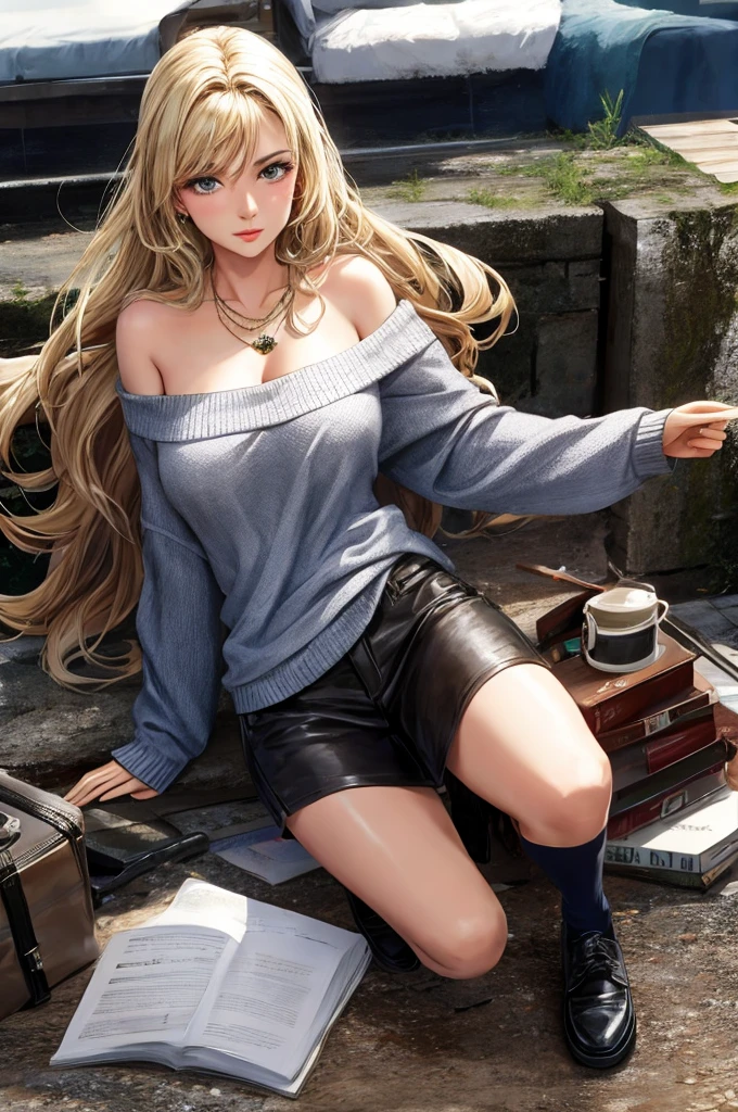 1girl 20 year old, solo, long hair, breasts, looking at viewer, blonde hair, bare shoulders, brown eyes, jewelry, full body, necklace, off shoulder, sweater, lips, realistic, nose, flirting with camera
