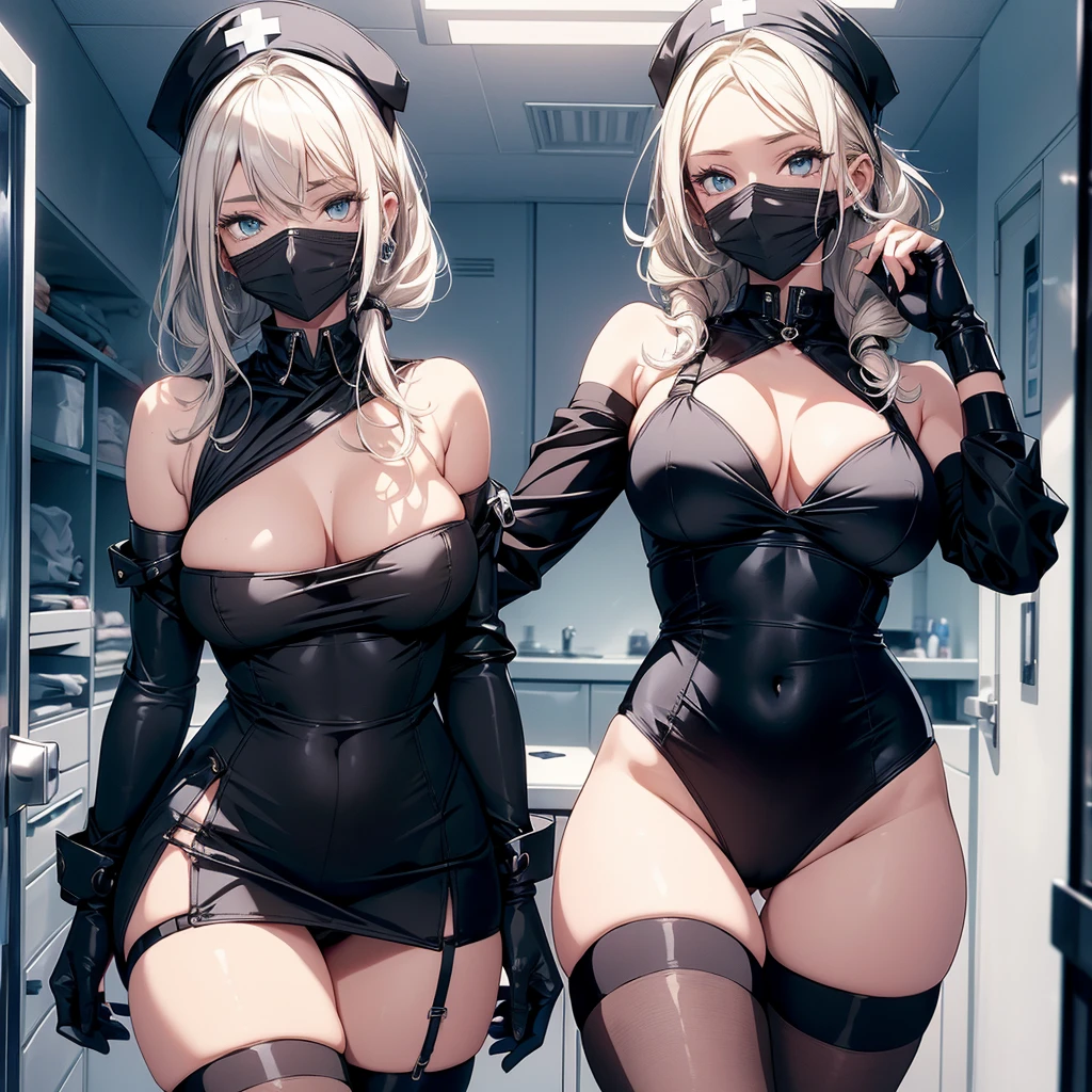 In the heart of a state-of-the-art surgery room, a mature, 35-year-old black nurse named Bianca stands out against the pristine white background. Dressed in her best quality, masterpiece black nurse uniform, she dons a sharp outline short-sleeved top, accentuating her toned arms encased in black elbow gloves. Her black nurse cap sits perfectly atop her blonde, wavy hair as blue eyes shine with professional expertise. A black surgical mask, concealing her nose, completes her attire. bottoms are adorned with zettai ryouki, adding to her enchanting allure. The black legwear complement