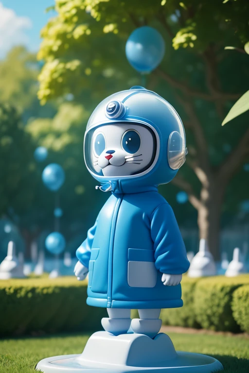 Doraemon style anthropomorphic cartoon dog, In the garden,dog beard,White blue,blue outfit, Park background,Background with, Bubble Mart, full bodyesbian, Depth of field, Transparent material raincoat,C4D,((Do not wear helmets:1.4))