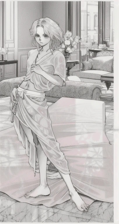 mujer peli rosa. looking at you from a bed with white sheets, white marble floor of some 5 star hotel. en ropa interior y una playera grande a medio tapar su cuerpo.