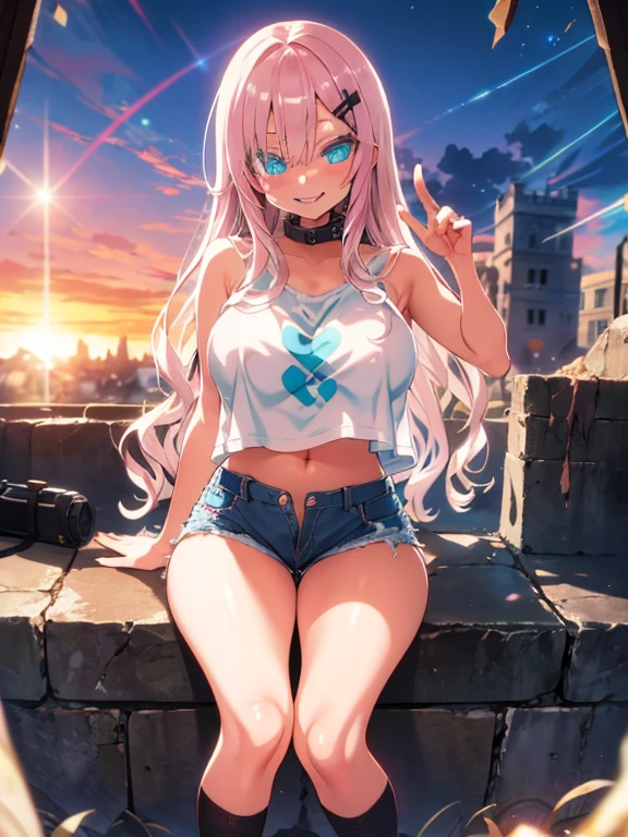 during daytime,((masutepiece)), ((Best Quality)), (Ultra-detailed), ((kawaii)), white tank tops,Torn and frayed blue hot pants,Exposed legs,Toothy smile,sexypose,Buttocks, Big breasts that are about to burst, sparkling effect, Lens Flare, shiny-glistening, masterpiece, best quality,ultra detail,pink long hair, hair ornament, hairclip, aqua eyes, town road ,best quality,best animated,masterpiece,ray tracing,fellatio gesture,1girl, solo,smile,damage very short pants, navel, midriff, (black over-knee socks: 1.1),white Transparent T-shirt,wavy hair,black mask,droopy eyes,embarrassed, dog collar