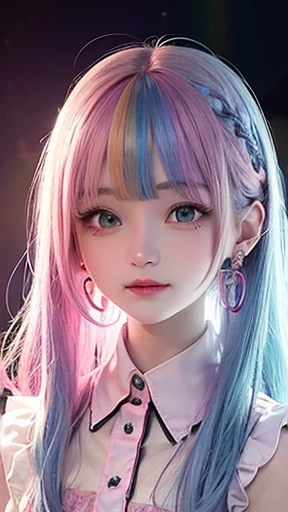 small face、 (alone:1.5,)Super detailed,bright colors, very beautiful detailed anime face and eyes, look straight, shiny_skin,girl, (((rainbow colored hair, colorful hair, Half blue、half pink hair: 1.2))), 、shiny hair, delicate beautiful face, blush、Glasses、(turquoise eyes), , Valletta, earrings,、flower garden、sunset、(((Stylish lace mini skirt,Translucent shirt)))、(twin tails)、smile、happy face、face dyed red、cheerful pose、dynamic、Head to toe full body portrait、(I can see the whole body)