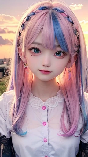 small face、 (alone:1.5,)Super detailed,bright colors, very beautiful detailed anime face and eyes, look straight, shiny_skin,girl, (((rainbow colored hair, colorful hair, Half blue、half pink hair: 1.2))), 、shiny hair, delicate beautiful face, blush、Glasses、(turquoise eyes), , Valletta, earrings,、flower garden、sunset、(((Stylish lace mini skirt,Translucent shirt)))、(twin tails)、smile、happy face、face dyed red、cheerful pose、dynamic、Head to toe full body portrait、(I can see the whole body)