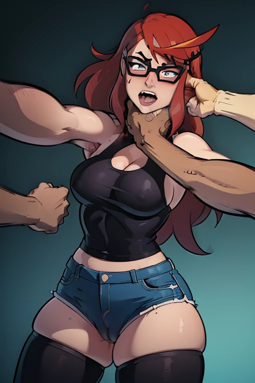 1woman, CARTOON_barbara _ownwaifu,cell Shading,anime coloring,black tank top, assaulted by a scary man,masterpiece,best quality,.ownwaifu.com,long hair,glasses,red hair,blue eyes,black-framed eyewear,breasts,under-rim eyewear,semi-rimless eyewear, curvy, toned, large breasts, narrow waist, (((she is brutally knocked on the face:1.2))), (((monstrous men punching her cheek:1.2))), (((knocked in the face))), (((assaulted))), pain, (((her cheek is deformed by the violent impact:1.3))), (((strangled woman view:1.2))), (((torn white panty))), (((exposed naked breasts))), (((fast strangling movement effect:1.2))), (((cameltoe panty:1.2))), (((panty:1.2))), (((small breasts))), (((hands ripping her clothes:1.2)))