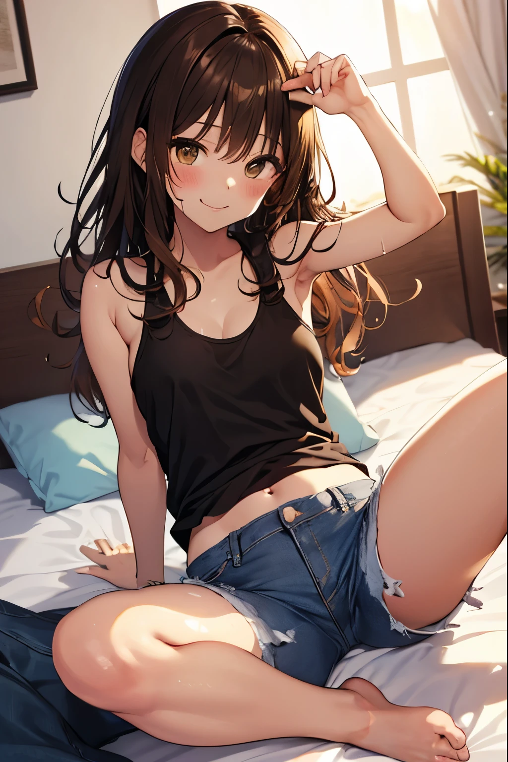 highest quality、 bra、beige shorts、cool look、Stretching your legs in your room、armpit sweat、Grass、ecstasy face,(glamorous figure)， (1 girl), (highly detailed face, smile) ,, (japanese girl), Slightly round face, (tanned brown face:1.6), cute, Big eyes、2D，highest quality，(masterpiece)，(((The whole body is reflected)))，(((full body)))，Semi-long hair that reaches to the shoulders，((amber brown hair))，((beach waves))，healthy dark skin，((denim hot pants))，「cheap」A pink tank top with the words，Shiny bare legs，barefoot，beautiful brown eyes，attractive thigheaty ass，Sloppy body shape，Bedroom，Get drunk，upper grade，cheeks are bright red，あざでcute，devilishly sexy，erotic look，Large drops of sweat all over the body，It&#39;s stuffy，sleep with your legs stretched out、my room
