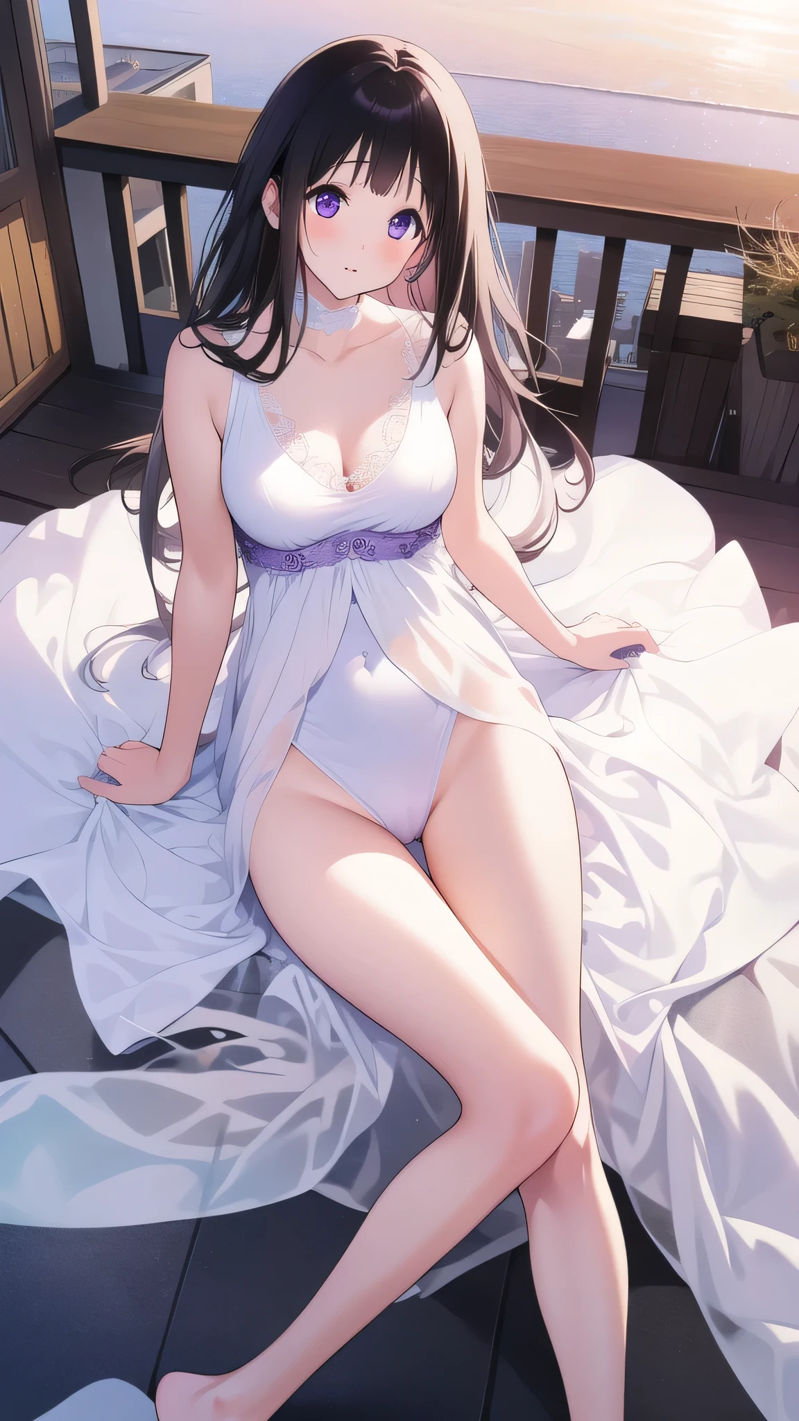 Stunning Chitanda, There is only one beautiful girl，purple eyes, black hair, Naturally straight hair, straight bangs，extremely refined，lips open，flowing long hair，Peerless beautiful girl, dreamlike，Slim，soft, (Sensual), (kawaii), Dream quality，white dress，On the rooftop，bare shoulders，Clavicle exposed，bare neck，Bare thighs，Exposing the groin，camel toe，bare legs，barefoot，extremely shy，ultra high resolution, (masterpiece:1.2, best quality), (Exquisite and beautiful eyes: 1.2), (Beautiful and delicate face)