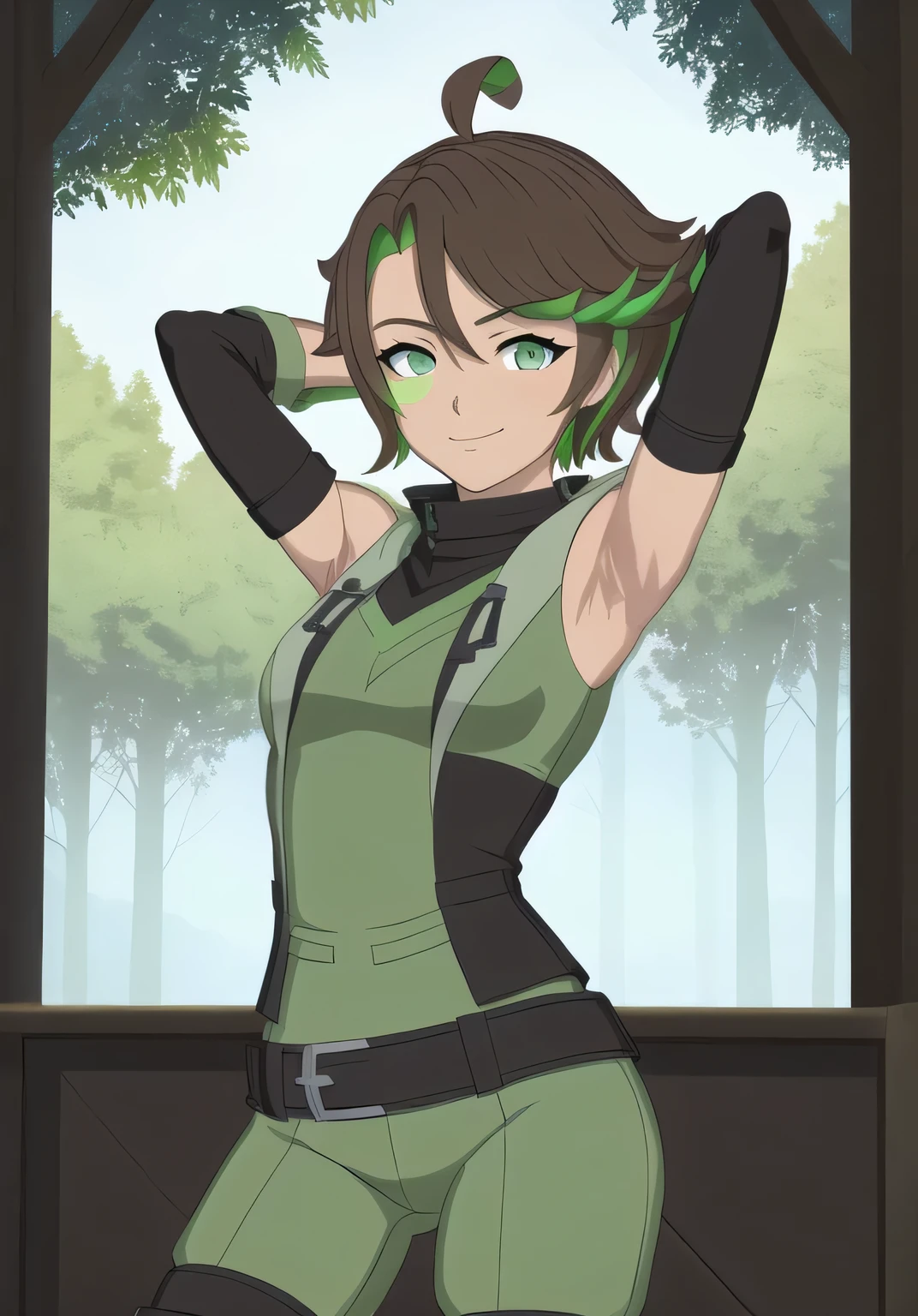 masterpiece, best quality, (Jessica_Cruz_rwby), (green eyes),  (1girl), (green eyes), solo, night sky, forest, arms behind head, contrapposto, spread armpits, closed mouth, looking at viewer, dynamic pose, smile, cowboy shot,