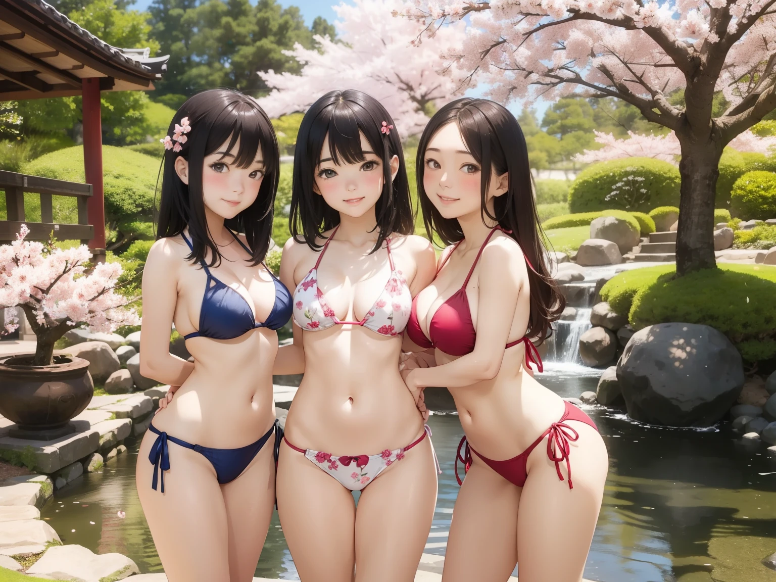 3girls, 28 years old, (???? bikini), blush, (embarrassed smile), looking at viewer, arms behind back, (in japanese garden), (cherry tree in full bloom), cowboy shot, masterpiece, super detail, best quality