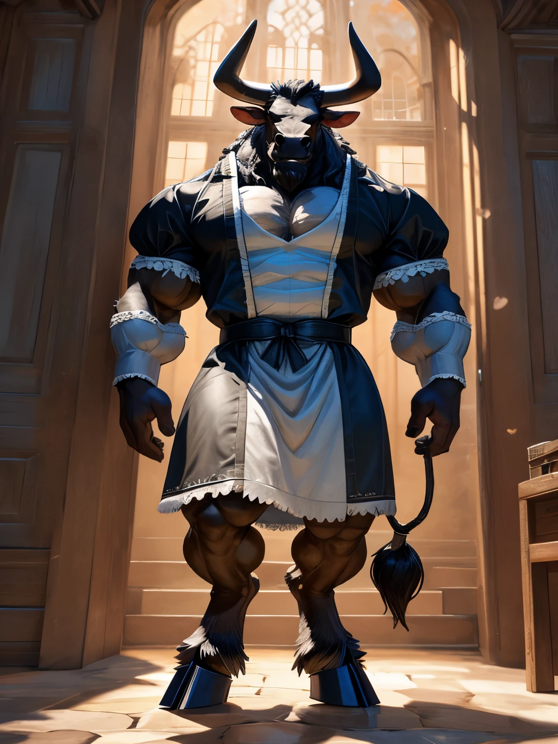 A male minotaur, (with powerful hooves:1.2), detailed minotaur face, highlighted by a thick coat of tan  fur, with a rugged black beard, this anthropomorphic minotaur is showcased on e621, boasting a furry and bulky muscular body, enhanced by realistic anatomical proportions and an impressive, photoraalistic fur texture. face view,

The solo, adult, masculine figure wears a maid uniform, white and black maid uniform