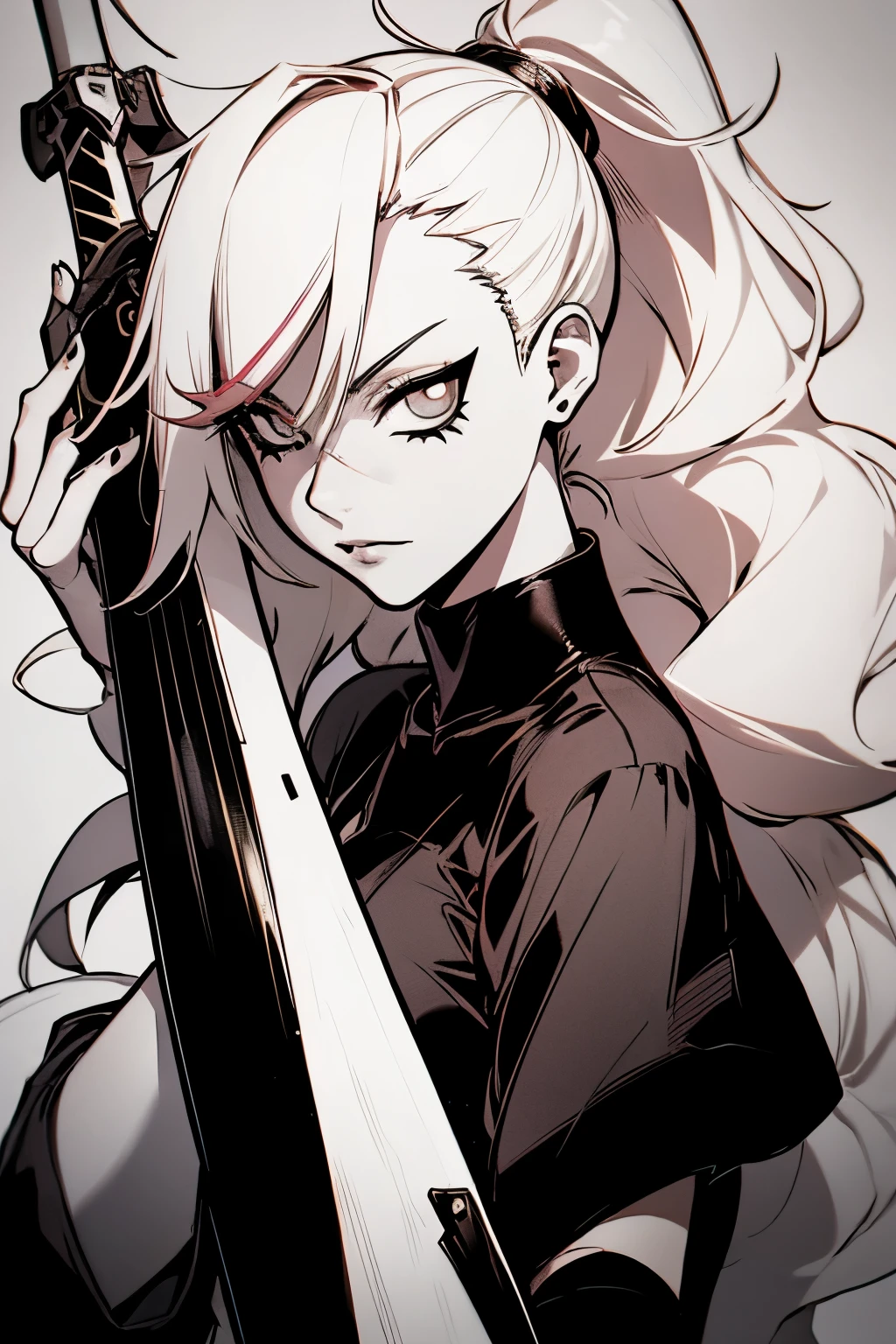 a drawing of a woman in a black outfit holding a sword, inspired by Kusumi Morikage, inspired by Kanō Hōgai, inspired by Kanō Sanraku, inspired by Kawabata Ryūshi, female samurai, in japanese anime style, anime style character, Bleach Anime Style, Tite Kubo anime Style,