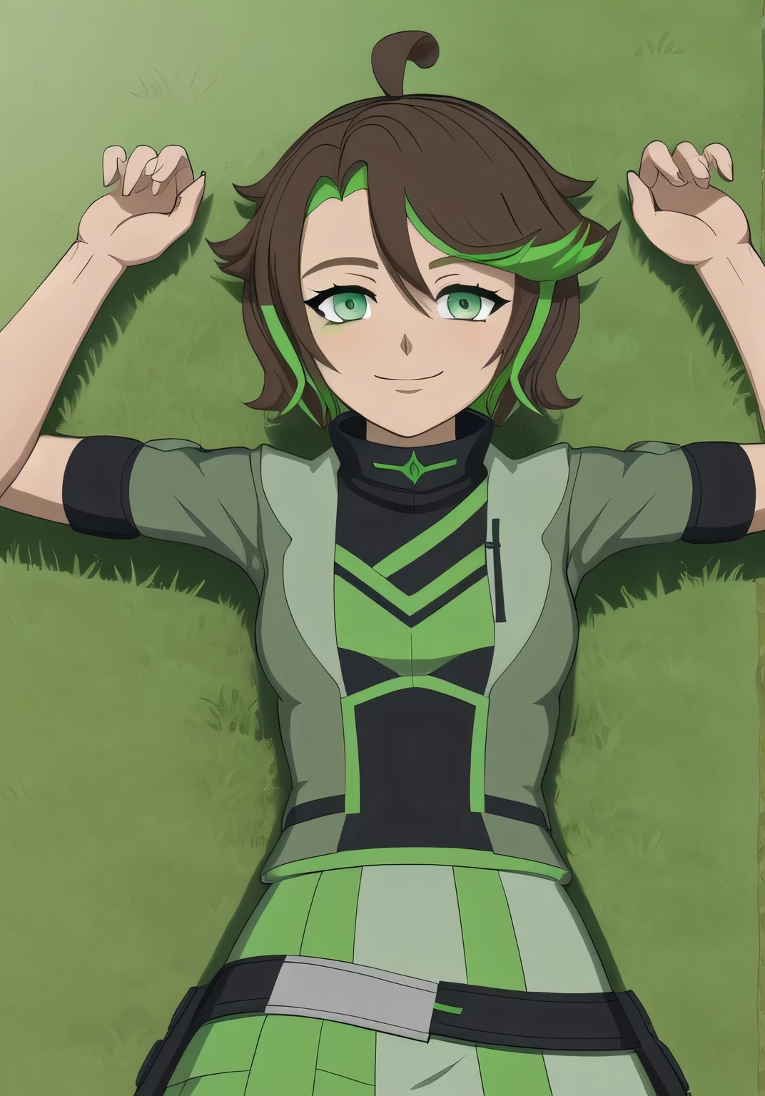 masterpiece, best quality, (Jessica_Cruz_rwby), (green eyes), (1girl), (green eyes), solo, spread arms, lying, on back, on grass, arms up, looking at viewer, solo, in the center, cowboy shot, high quality, smile, closed mouth,