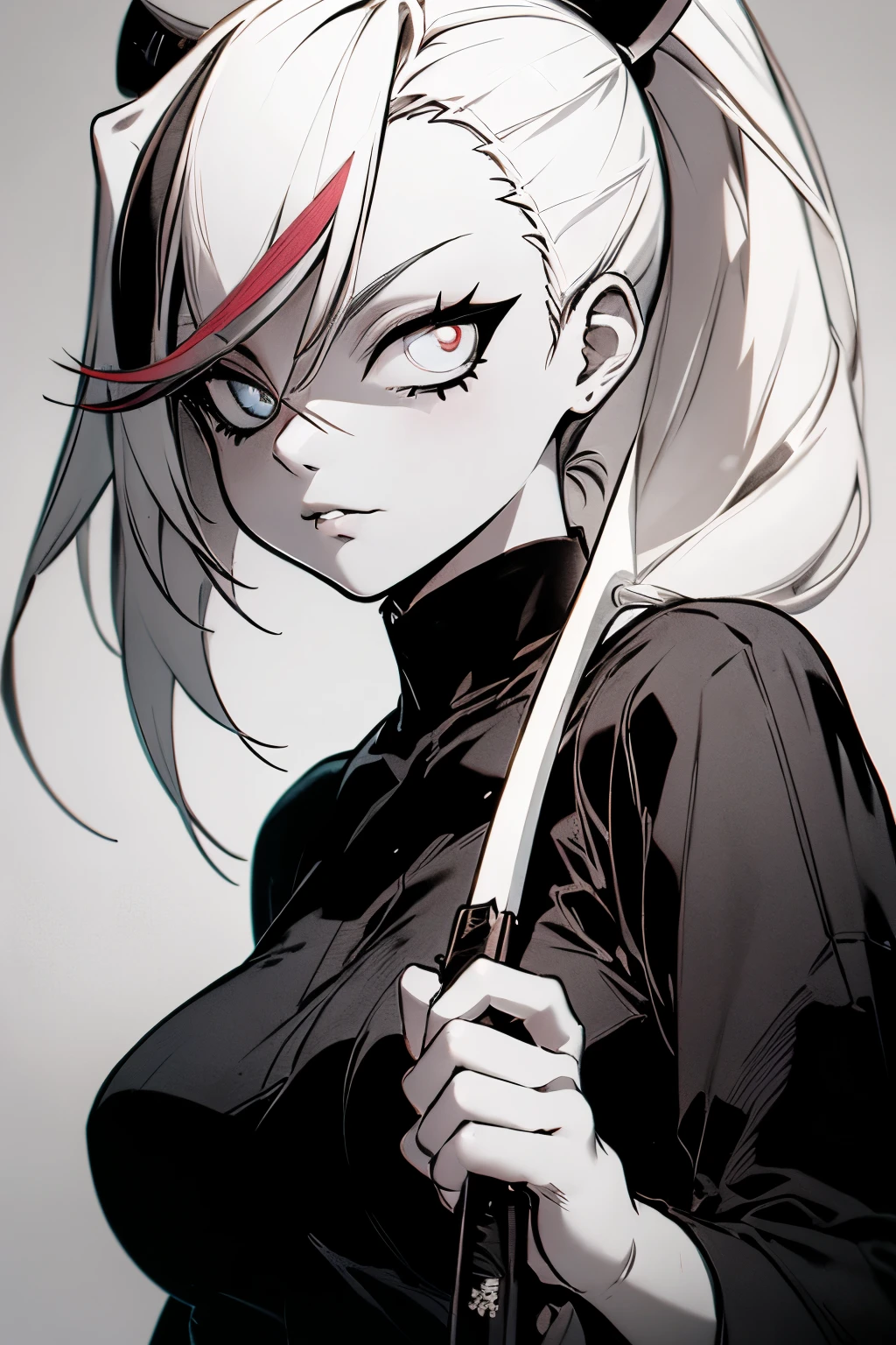 a drawing of a woman in a black outfit holding a sword, inspired by Kusumi Morikage, inspired by Kanō Hōgai, inspired by Kanō Sanraku, inspired by Kawabata Ryūshi, female samurai, in japanese anime style, anime style character, Bleach Anime Style, Tite Kubo anime Style, 