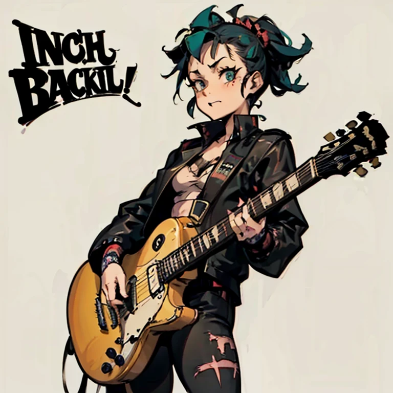 ((Irish Punk Girl))、((Rockabilly Rock and Roll)), ((bar)), ((playing the guitar)),cartoon style, Horror elements, Comic book style illustrations, (drawing style), skeleton、Japanese painting, full body (Spooky),circus, crazy illustration, flat illustration, Spookyな外観, Distinctive messy hairstyle, Punk bandｃｄJacket、
