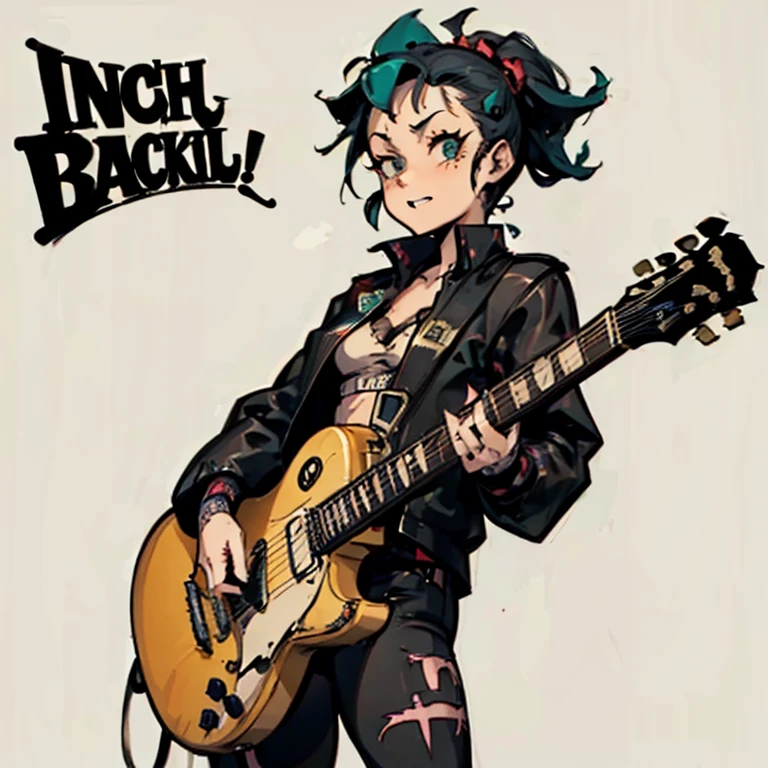 ((Irish Punk Girl))、((Rockabilly Rock and Roll)), ((bar)), ((playing the guitar)),cartoon style, Horror elements, Comic book style illustrations, (drawing style), skeleton、Japanese painting, full body (Spooky),circus, crazy illustration, flat illustration, Spookyな外観, Distinctive messy hairstyle, Punk bandcdJacket、