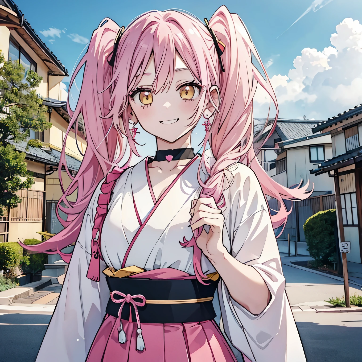 1 girl twintails hair, long hair, pink hair, yellow eyes anime, medium breasts, medium ass, Hairpins, Choker, big smile, happy face, Standin, Japanese  , looking at the scenery, a hand on the forehead watching the scenery, wind, mouth open surprised and happy, long heart-shaped earrings, ultra detailed, 8K wallpaper, Houses and road in the background 