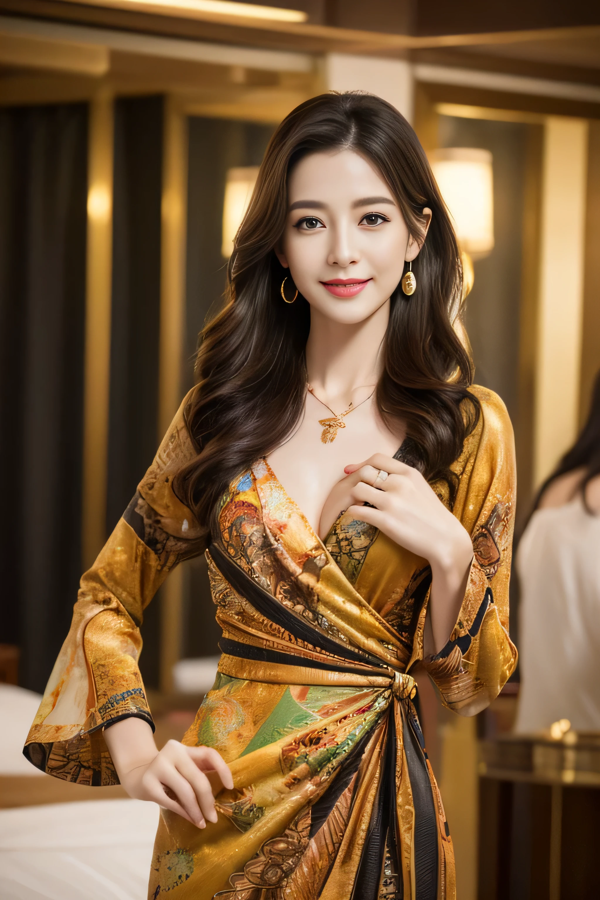 ((best image quality、8K、masterpiece:1.3))、1 girl、Playing acoustic guitar、In front of the microphone、smile、Full body Esbian、slim face、cute woman、(dark brown hair)、super detailed face、fine eyes、double eyelid、blurred background、slim face、in the hustle and bustle of the city_Super long brown hair、big breasts、full body shot、on the hotel bed、Hair with loose waves on the inside、abstract printed dresses_long sleeve_wrap dress、gold necklace_Larger earrings、No expression、full body shot、Standing gracefully,