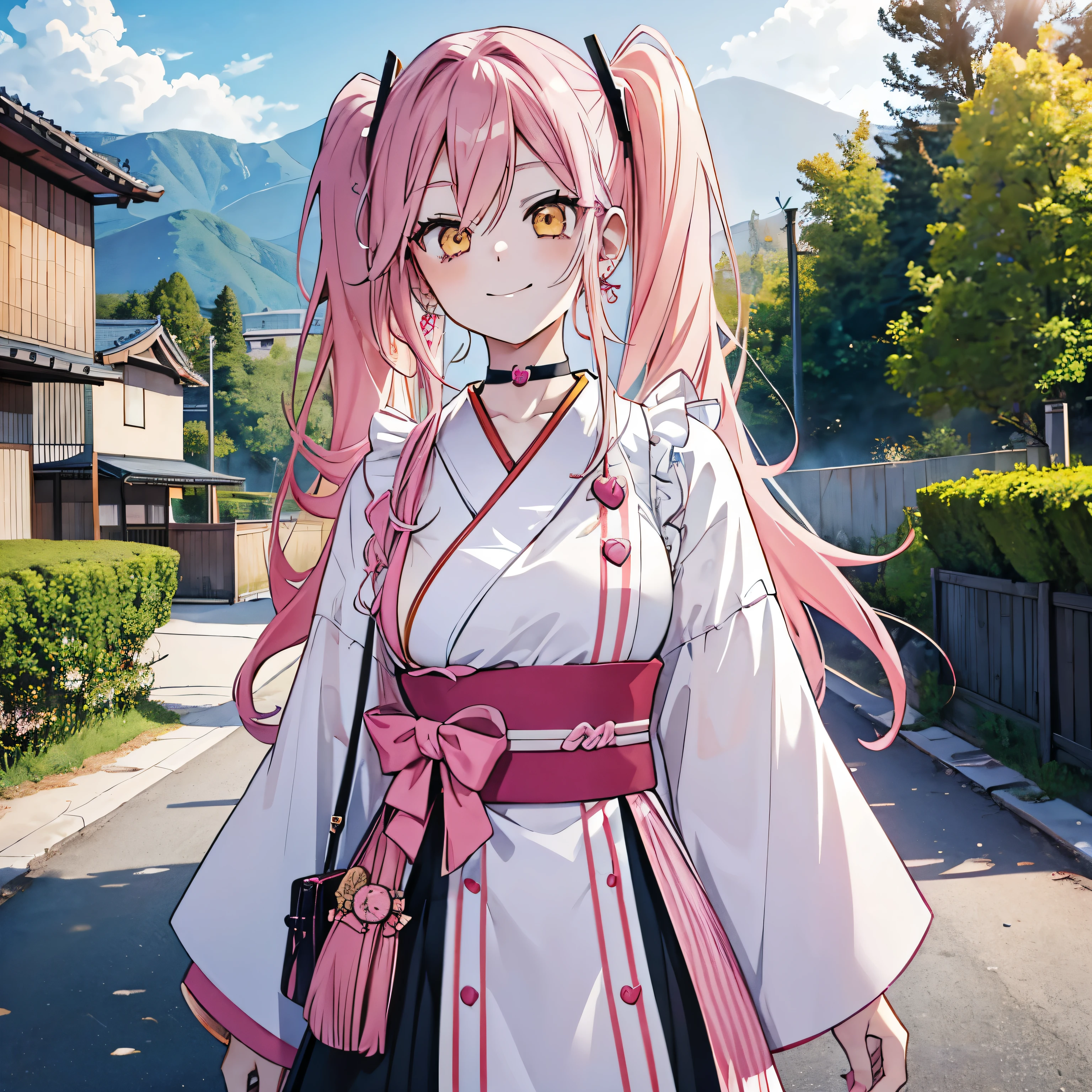 1 girl twintails hair, long hair, pink hair, yellow eyes anime, medium breasts, medium ass, Hairpins, Choker, big smile, happy face, Standin, Japanese  , looking at the scenery, a hand on the forehead watching the scenery, wind, mouth open surprised and happy, long heart-shaped earrings, ultra detailed, 8K wallpaper, Houses and road in the background 